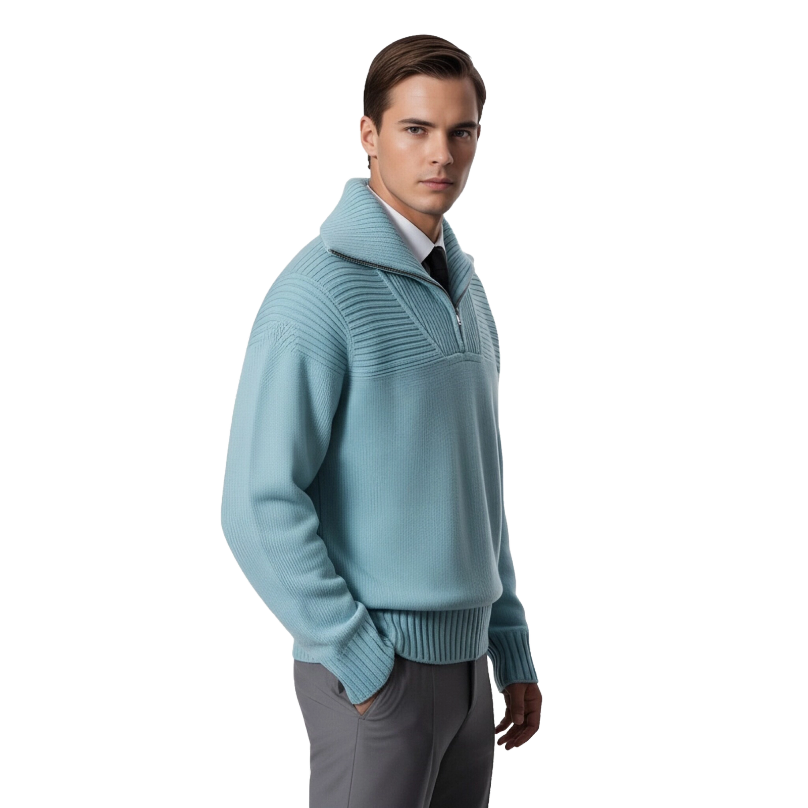m002Sky Blue Half-Zip Funnel Neck Knit Sweater