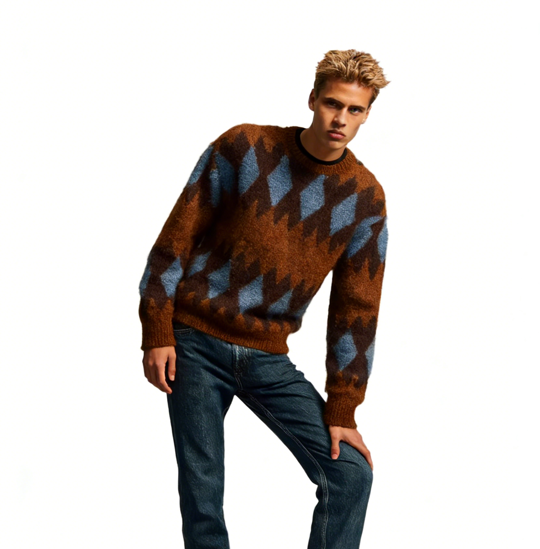m015Brown & Blue Argyle Mohair Blend Crewneck Sweater