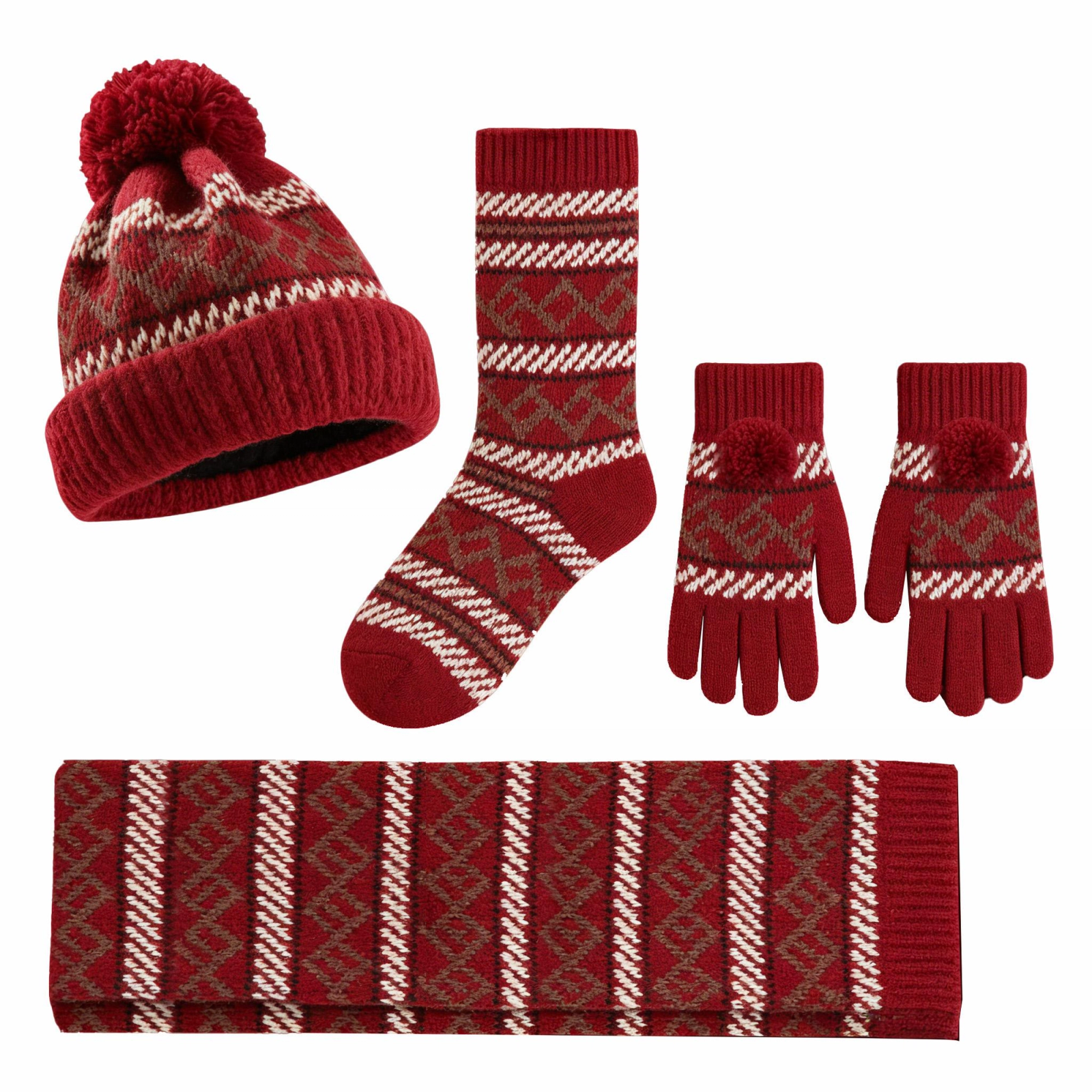 Geometric Stripe Pom Pom 4-Piece Winter Set