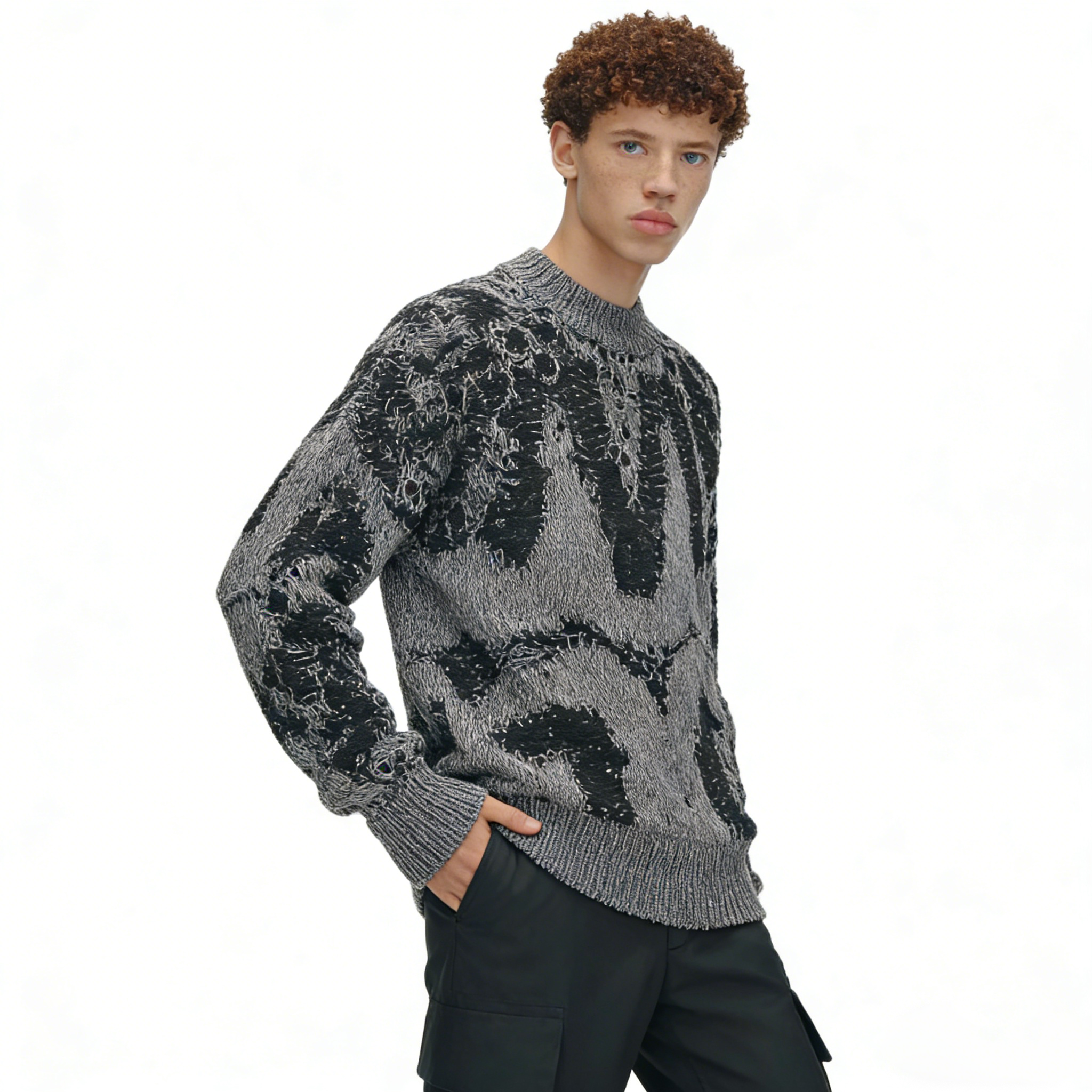 m016Eroded Texture Distressed Jacquard Mock Neck Sweater