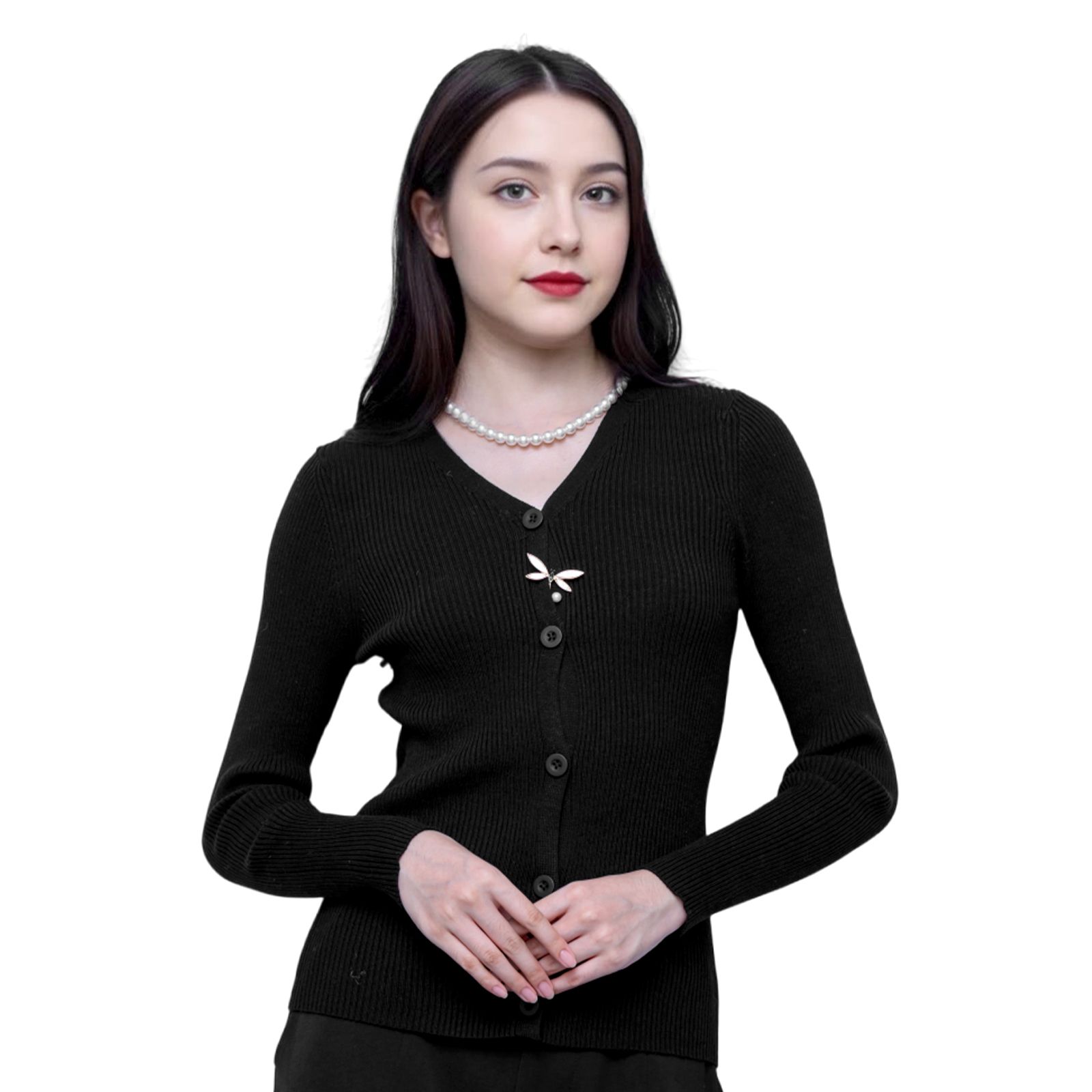 Classic Black Vertical Rib V-Neck Knit Cardigan