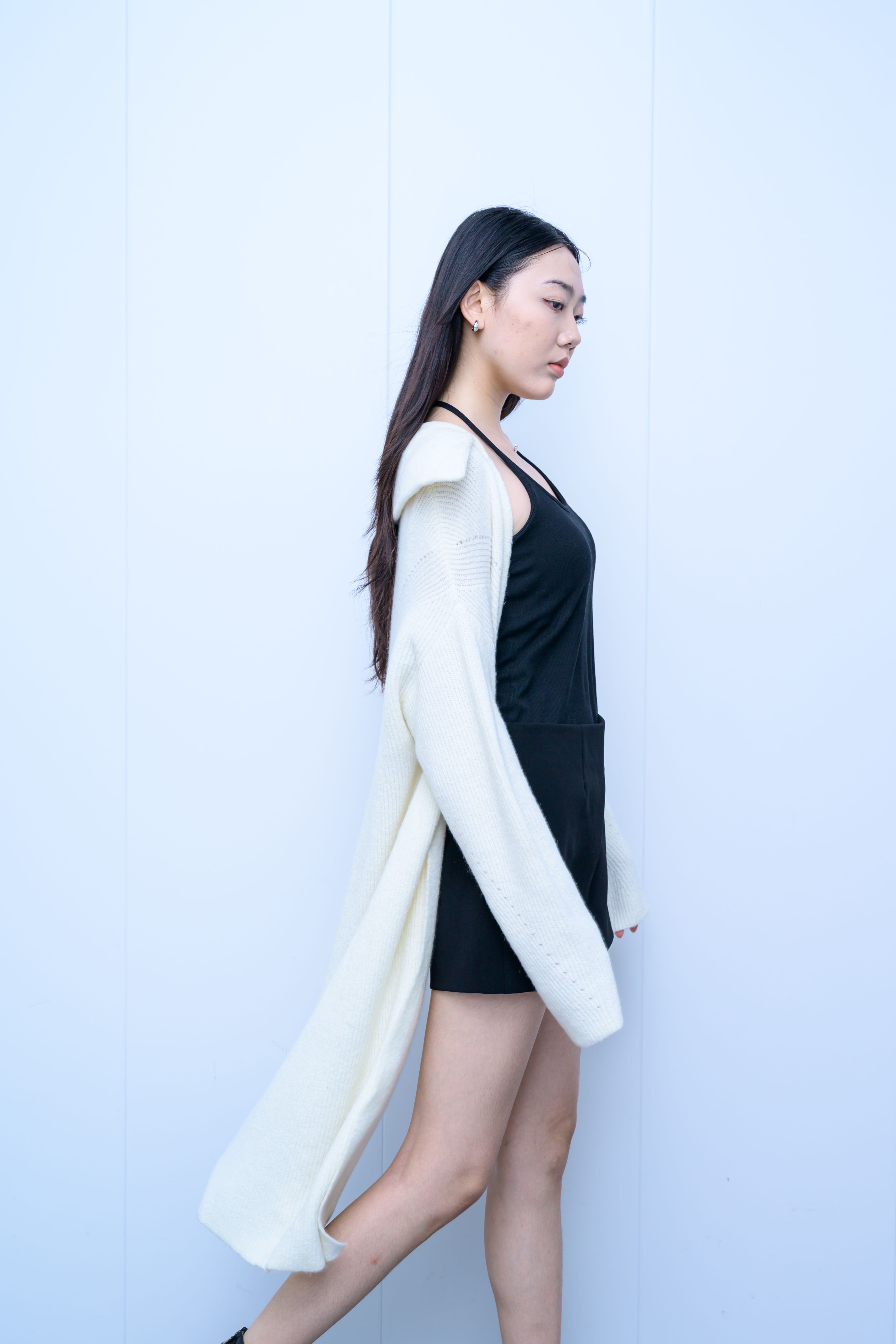 s036Cream White Textured Lapel Longline Knit Cardigan
