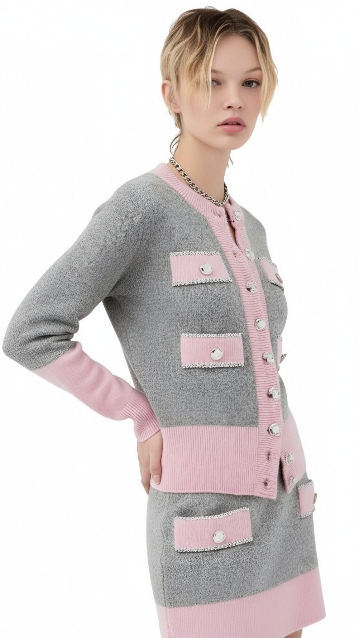  s075Pink & Grey Tweed-Style Knit Set