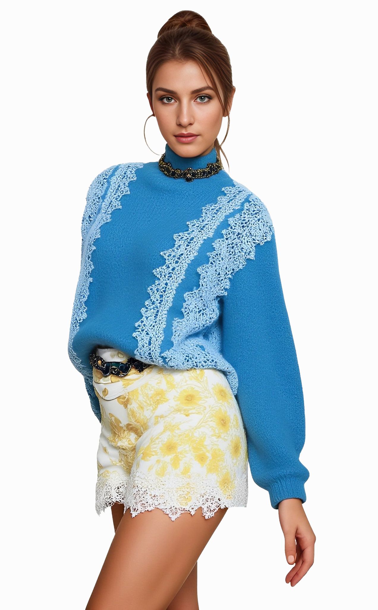 s068Klein Blue Diagonal Lace Panel Mock Neck Knit Sweater