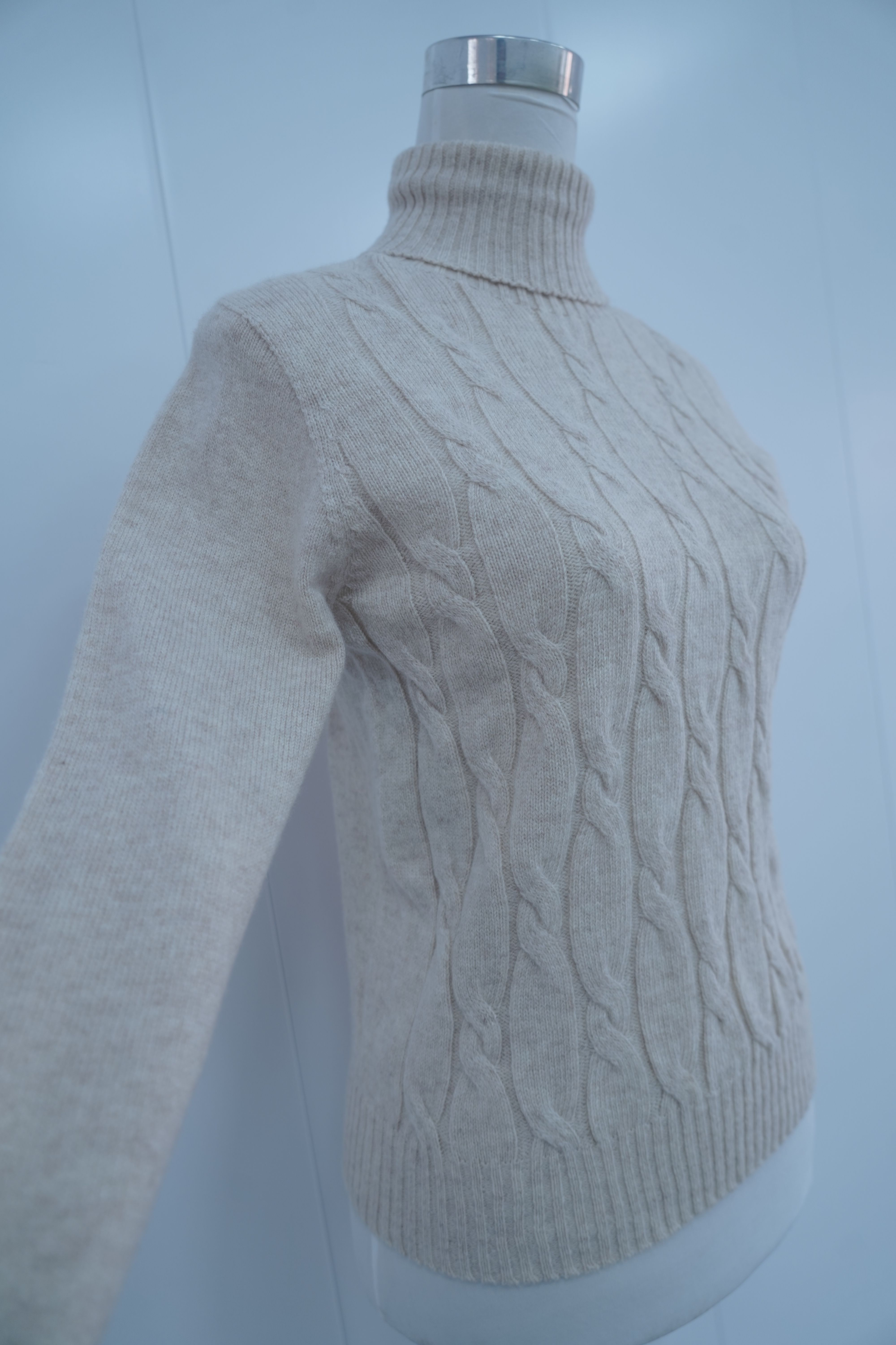 s013Beige Apricot Mock Neck Full Cable-Knit Sweater