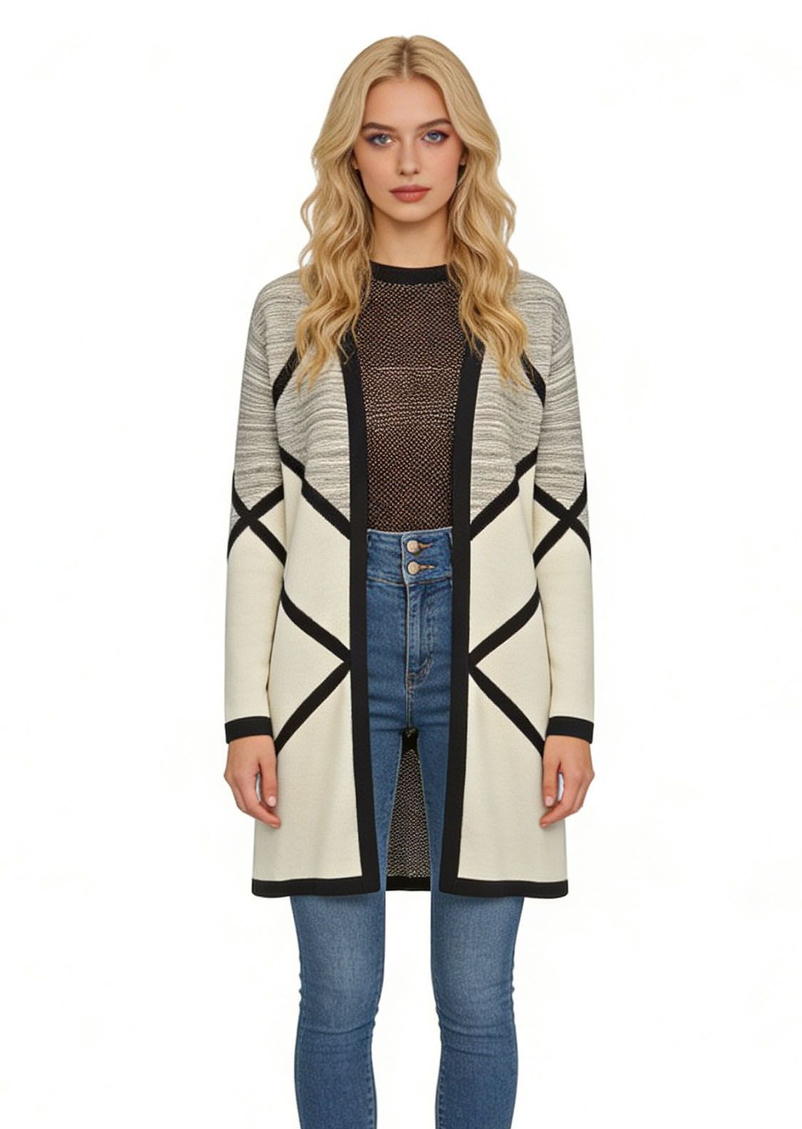 Geometric Diamond Color-Block Cardigan
