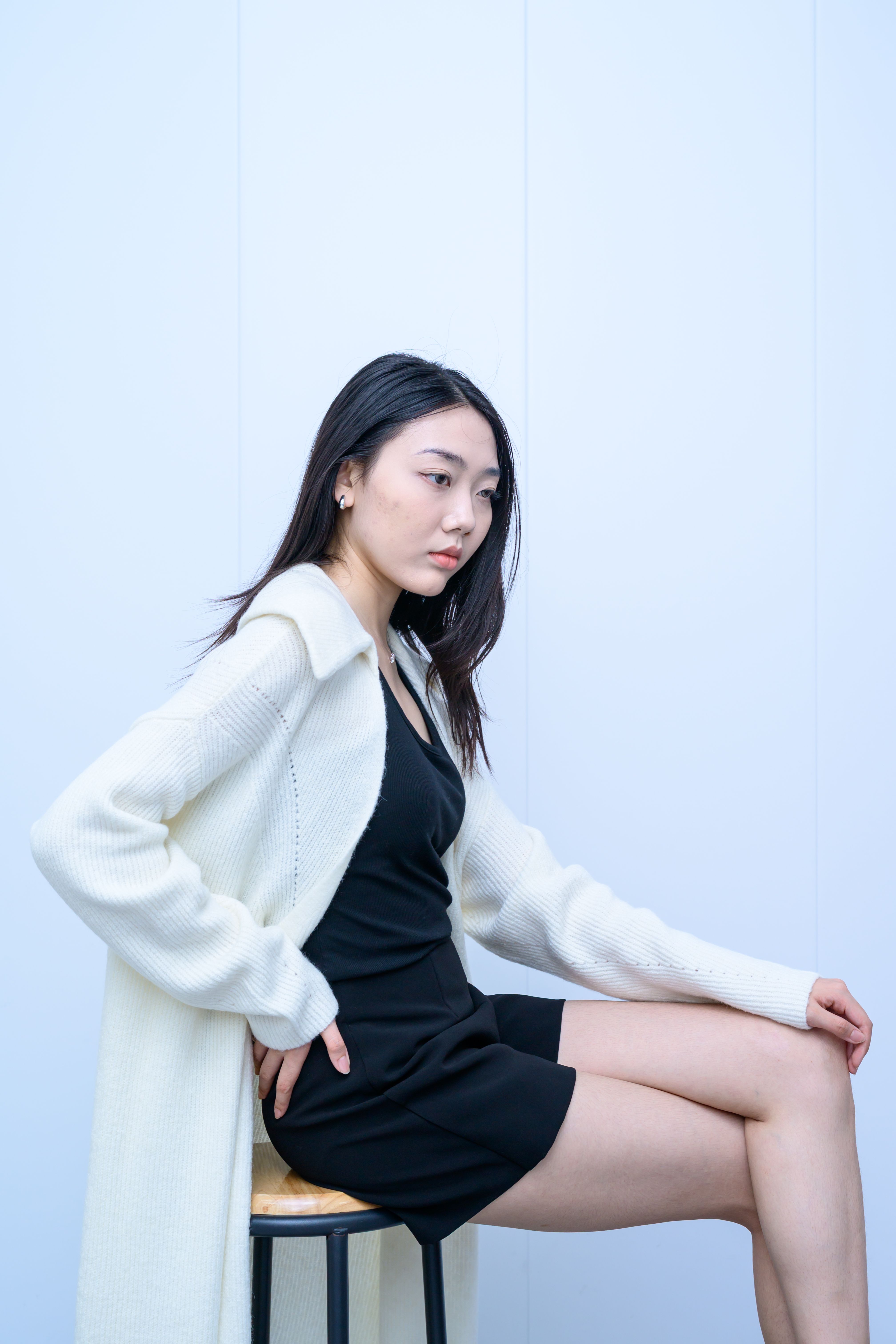s036Cream White Textured Lapel Longline Knit Cardigan