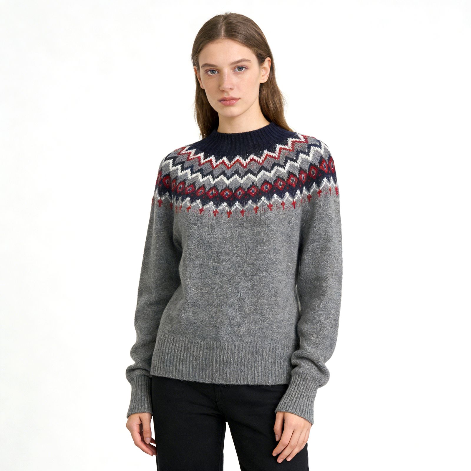 Grey Fair Isle Jacquard Mock Neck Knit Sweater