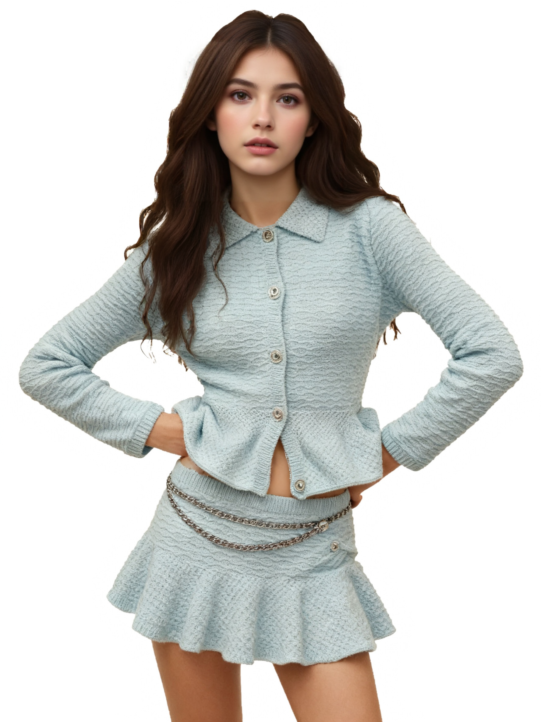 s088Light Blue Textured Ruffled Knit Set