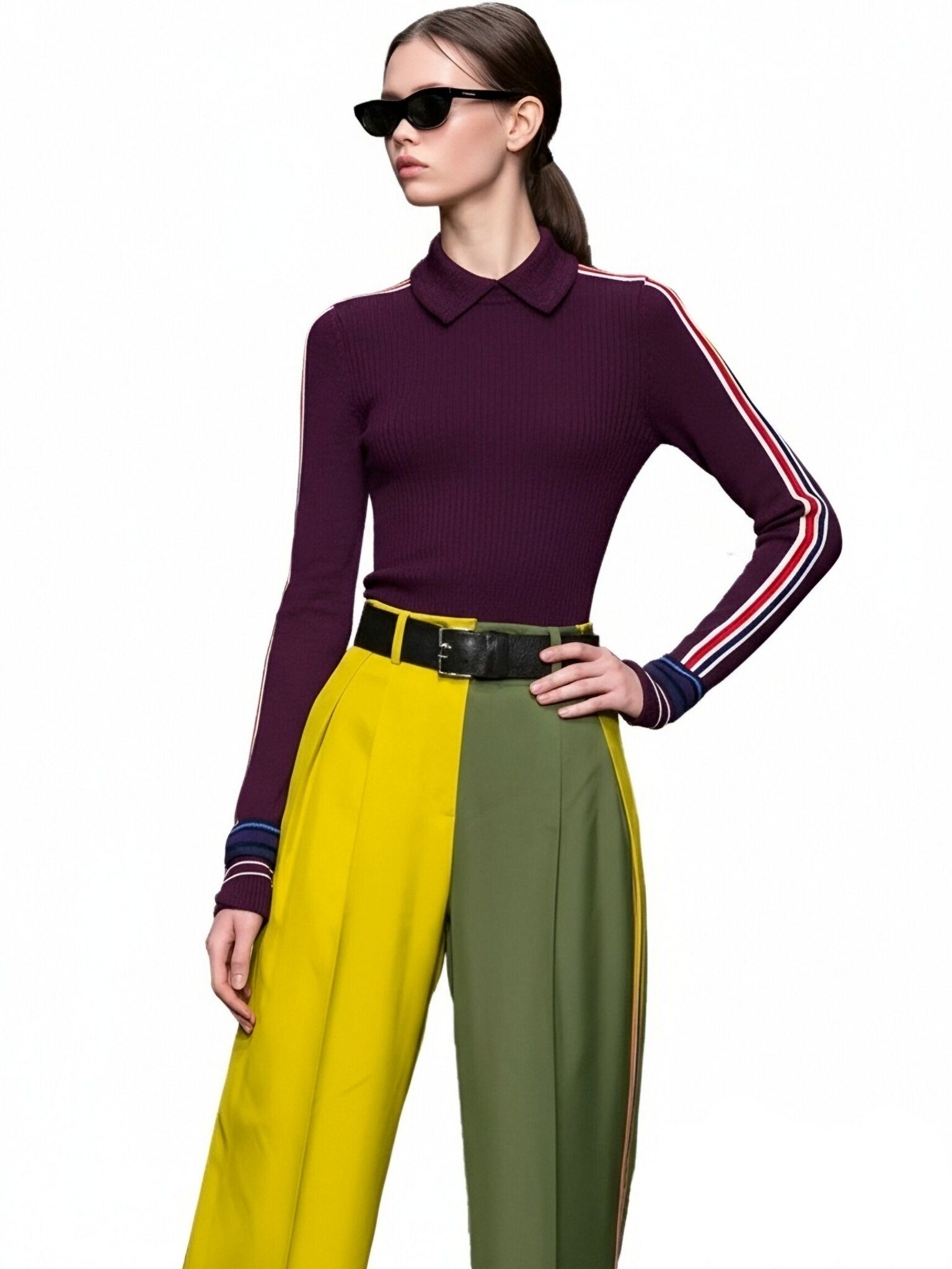 s092Deep Purple Contrast Tape Polo Collar Knit Top