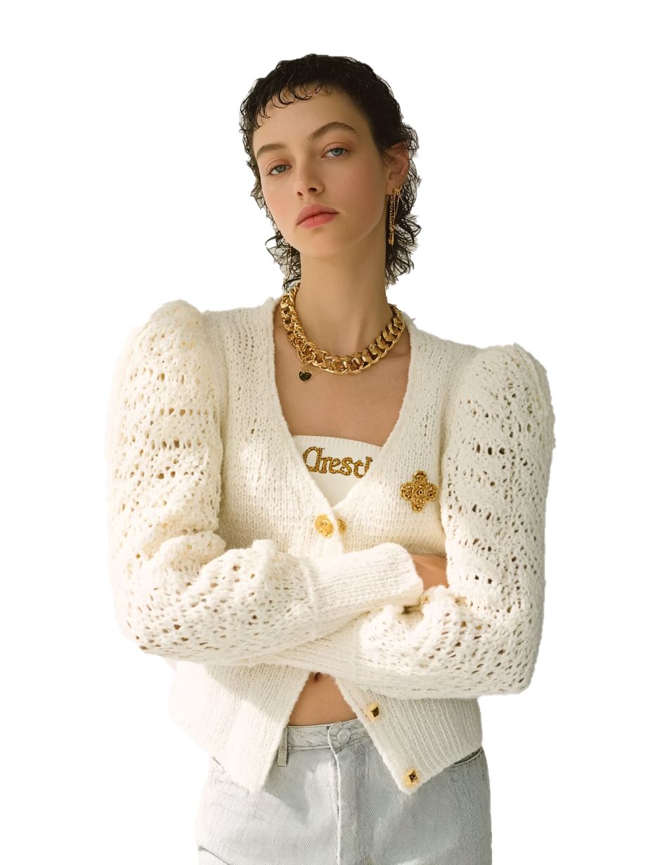 s100Off-White Crochet Puff Sleeve Knit Cardigan