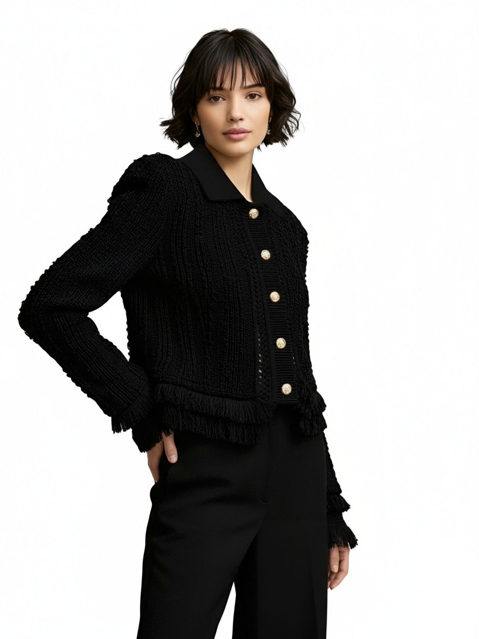 s084Black Textured Fringe Cropped Tweed Jacket