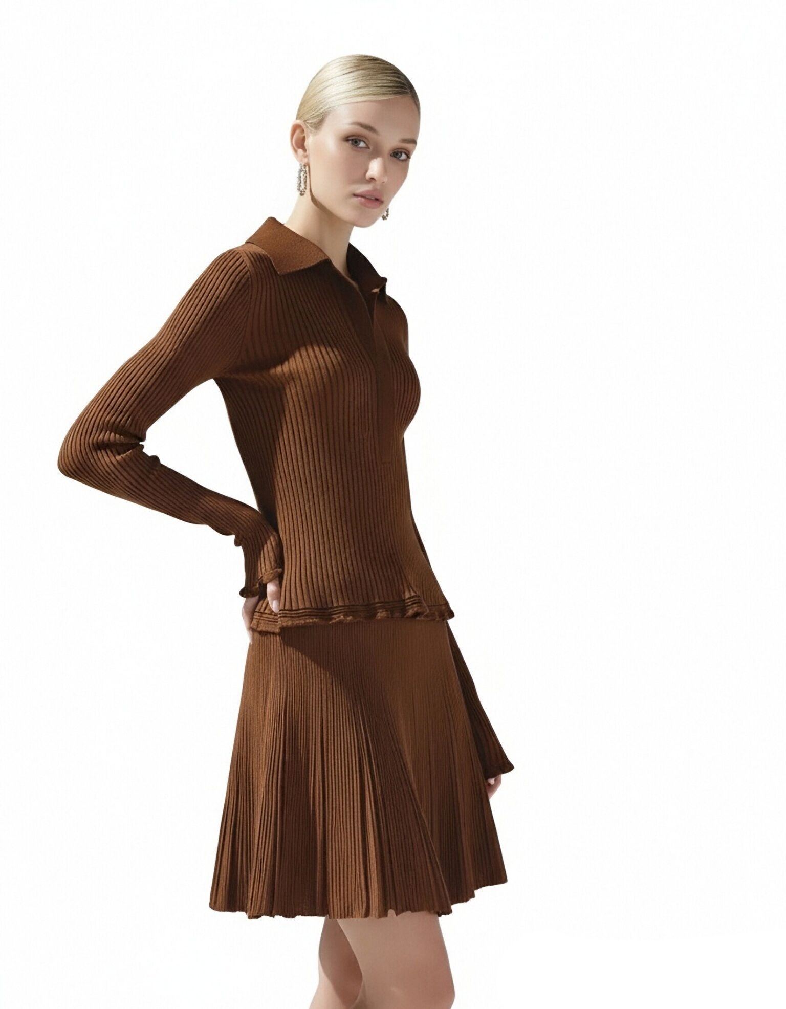 s093Caramel Vertical Rib Knit Set