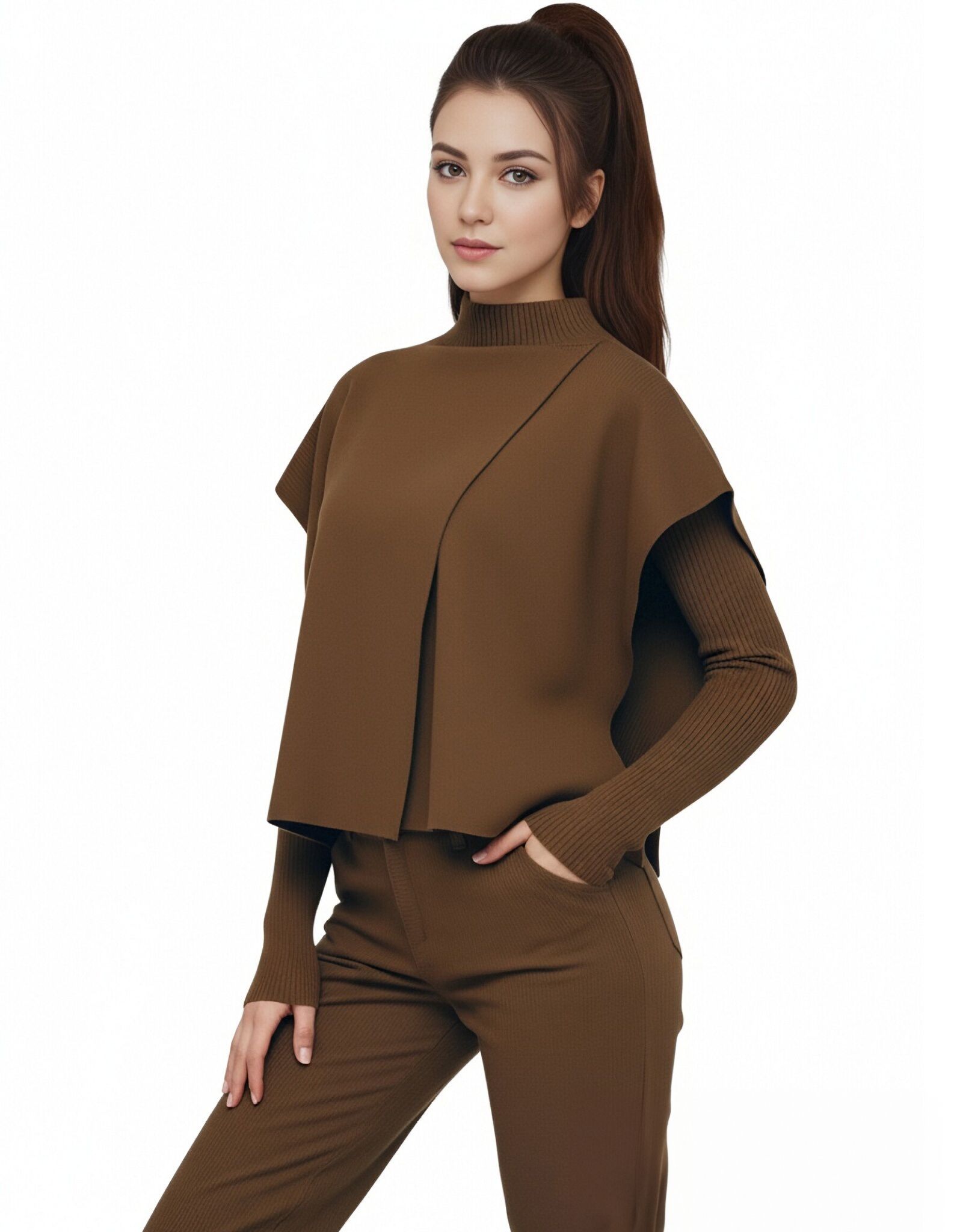 s104Coffee Brown Layered Mock Neck Knit Set