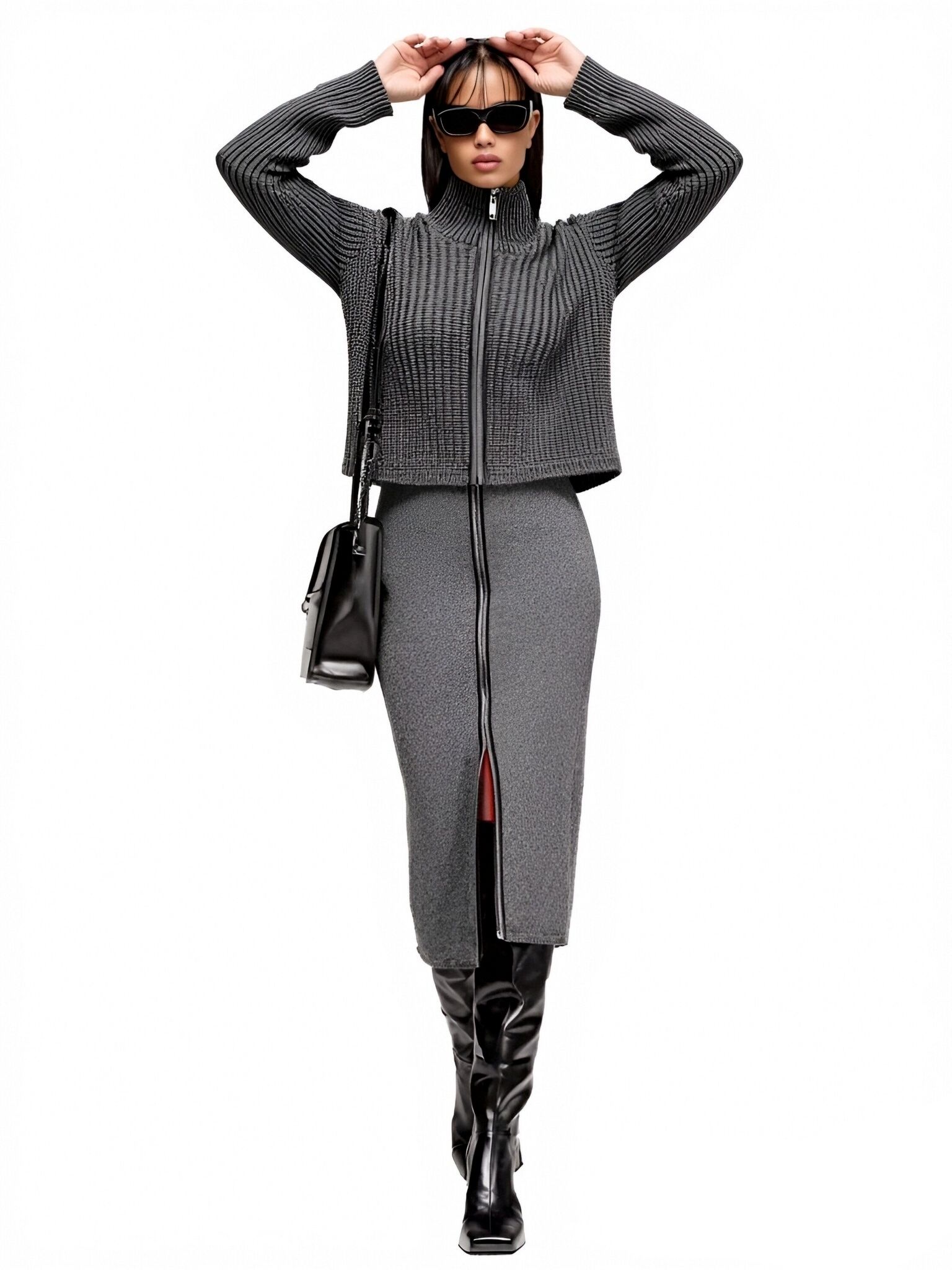 s078Charcoal Textured Zip-Up Knit Set