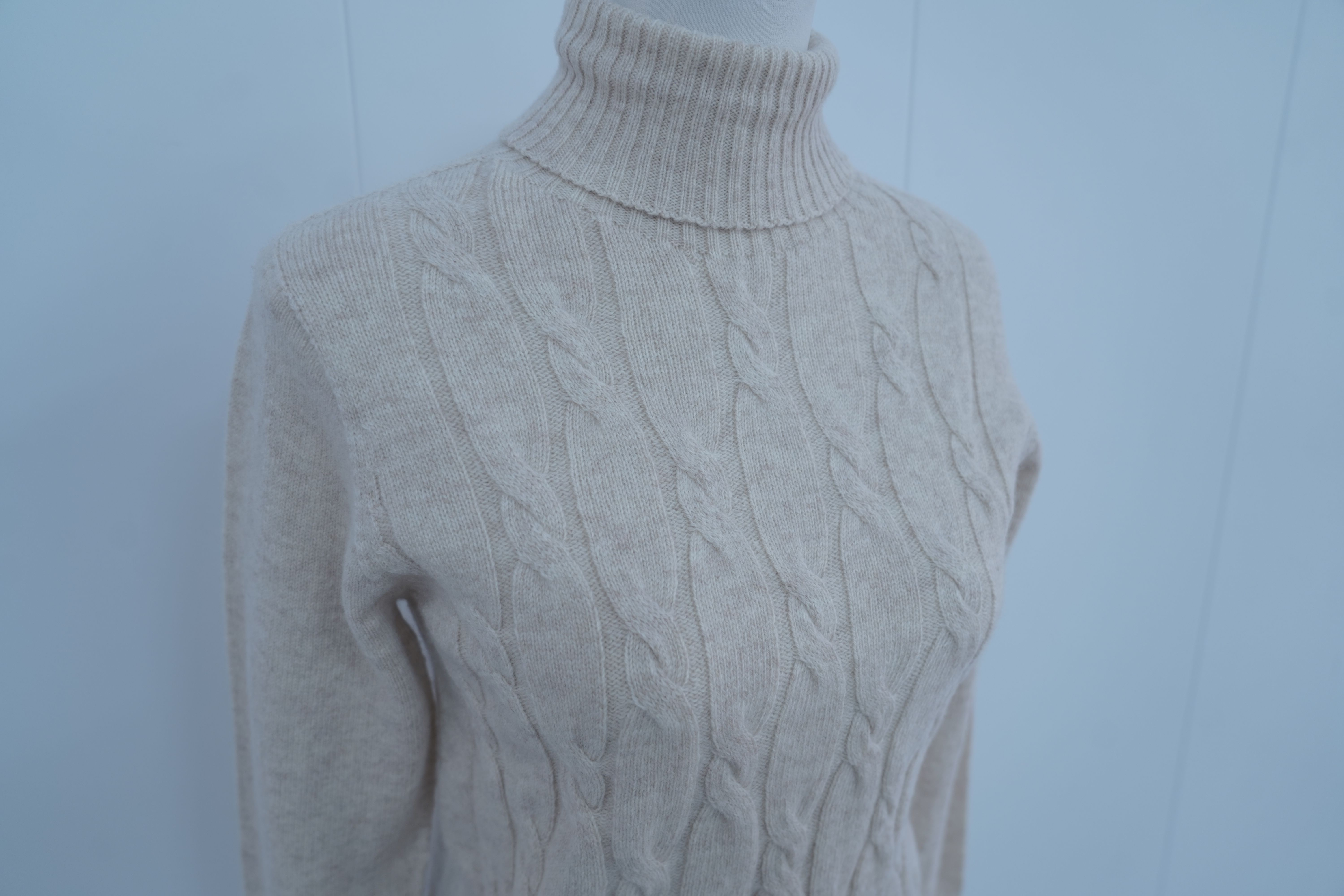 s013Beige Apricot Mock Neck Full Cable-Knit Sweater