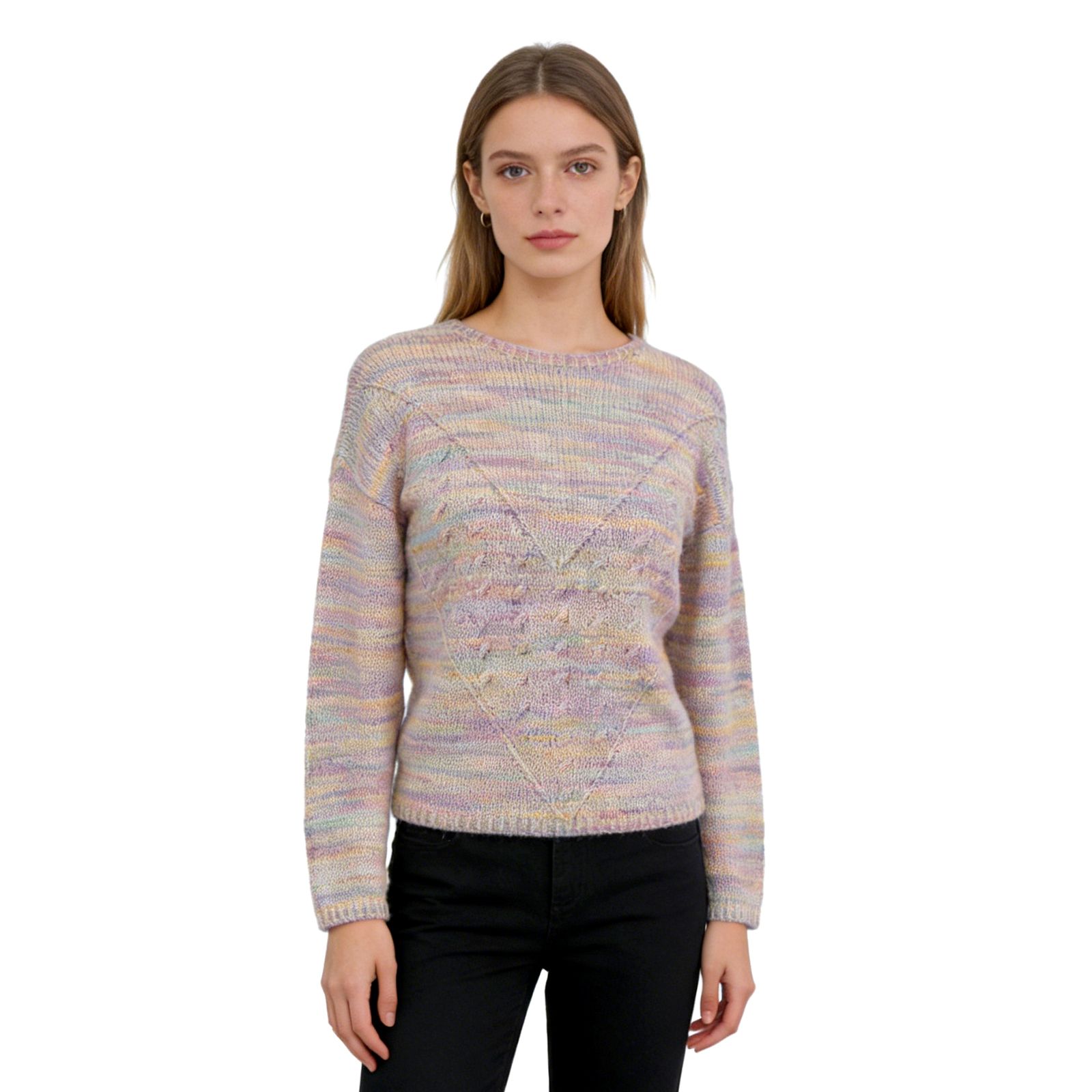 Rainbow Gradient Openwork Knit Crew Neck Sweater