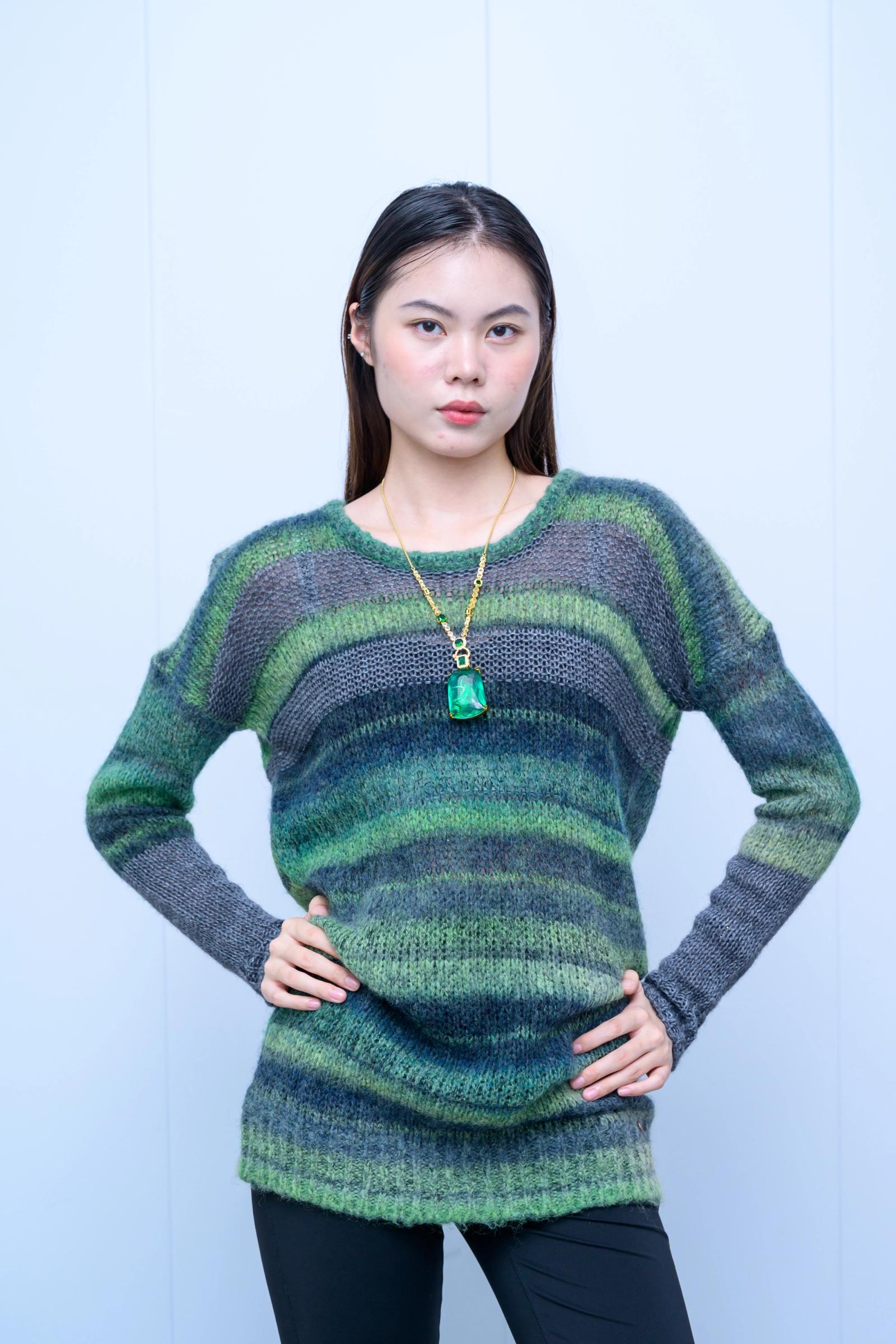 s037Forest Gradient Stripe Crew Neck Knit Sweater