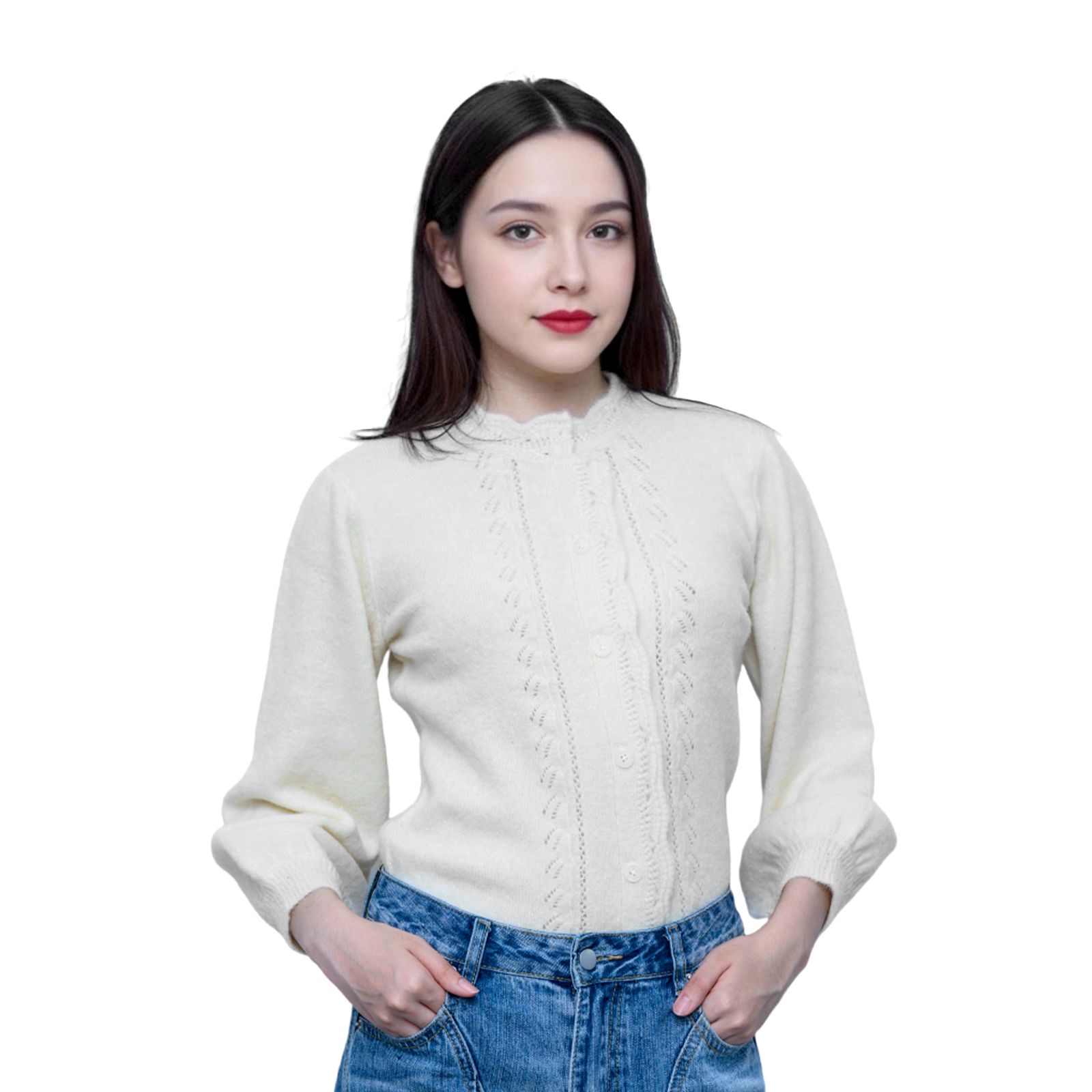 Cream Yellow Textured Ruffle Collar Knit Cardigan