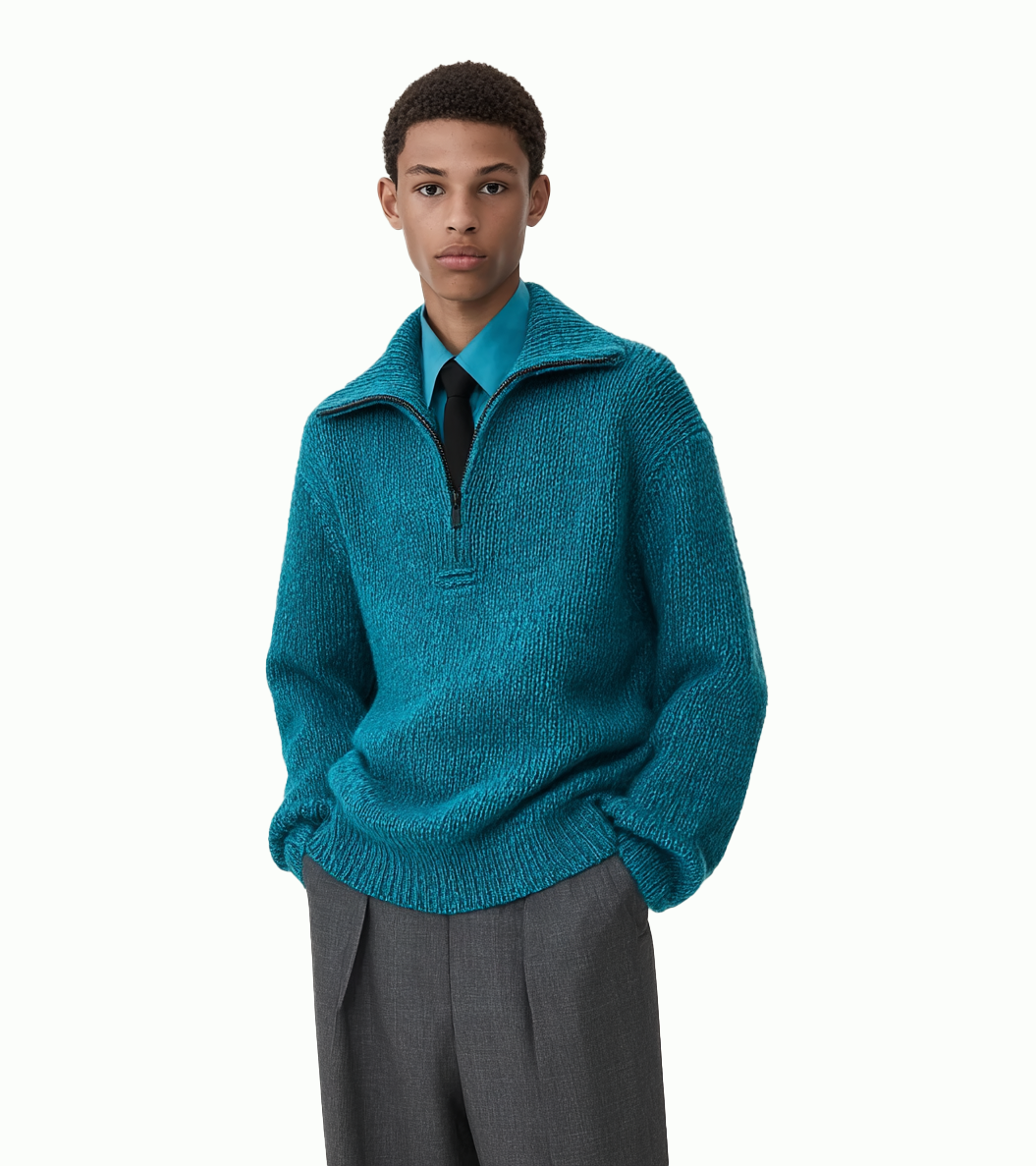 m022Lake Blue Texture Half-Zip Funnel Neck Knit Sweater