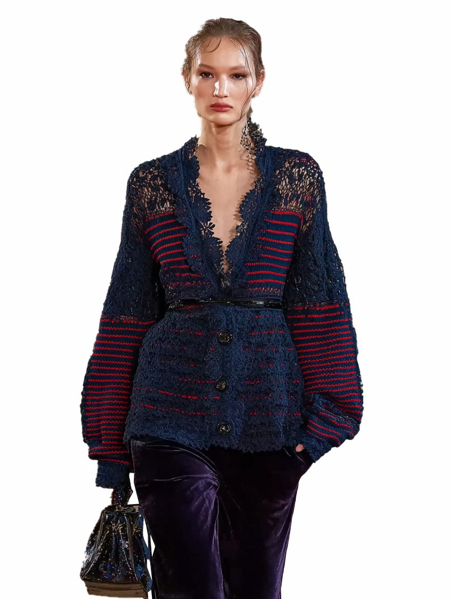 s058Navy Blue & Red Stripe Textured Lace V-Neck Knit Cardigan