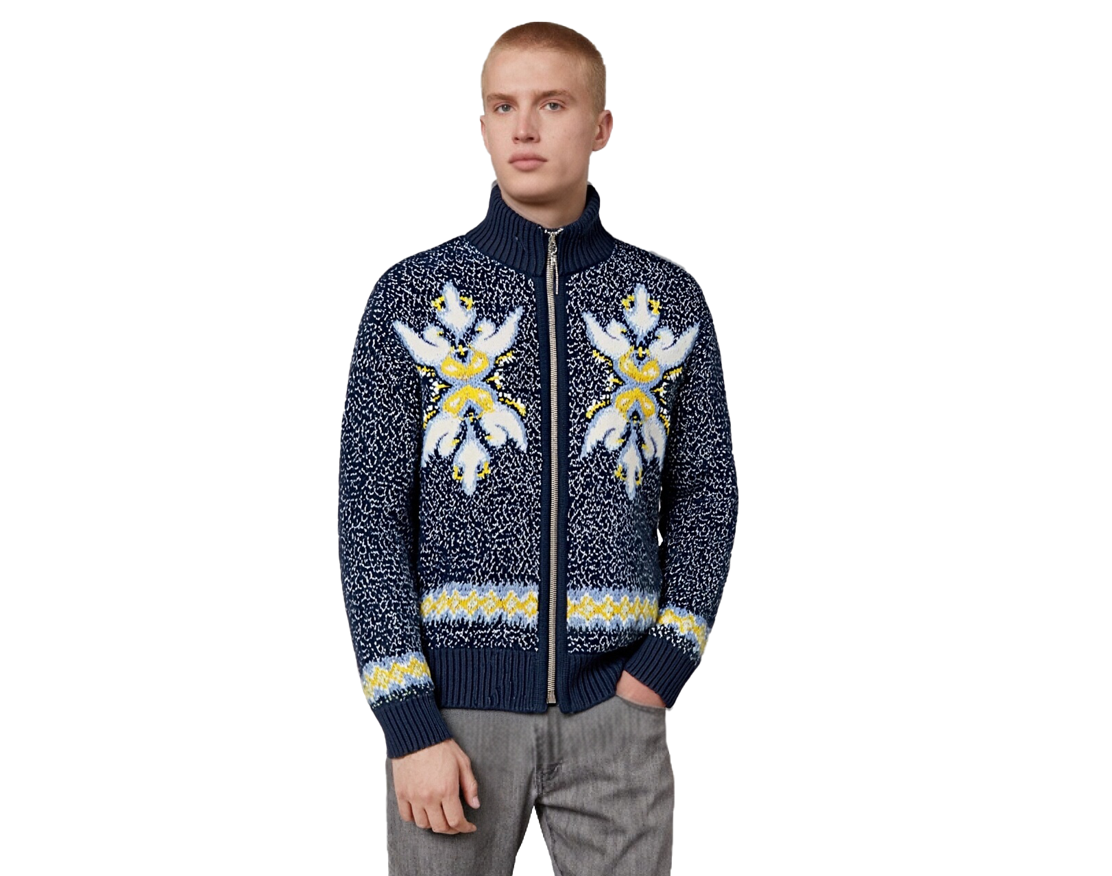 m019Navy Floral Cluster Zip-Up Mock Neck Cardigan