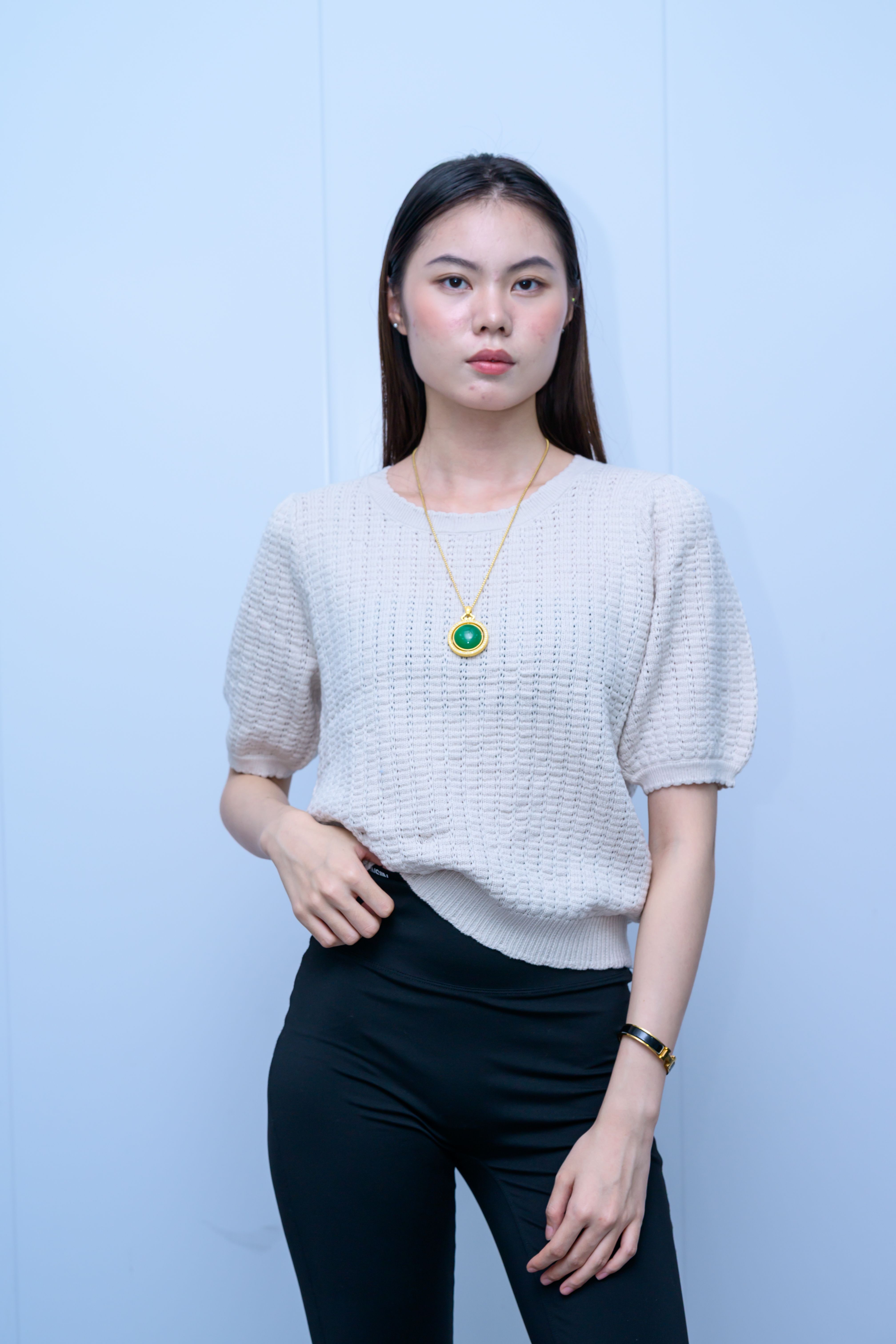 s051Off-White Puff Sleeve Waffle Knit Top