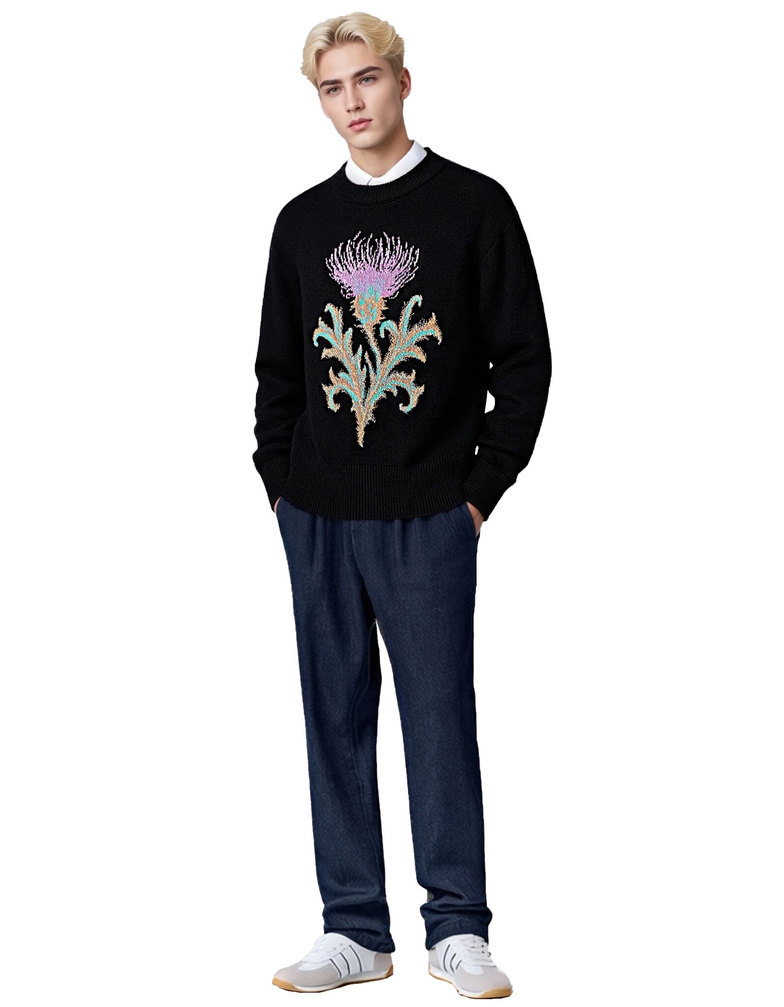 m008Midnight Thistle Intarsia Knit Sweater