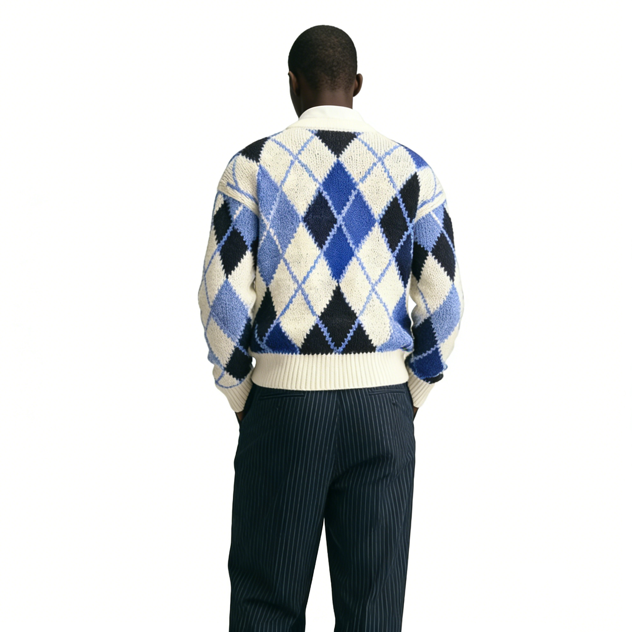 m009Ice Blue Argyle Intarsia Knit Sweater