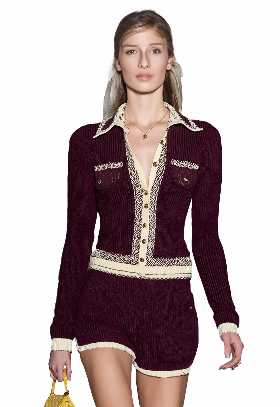 s066Burgundy & Off-White Contrast Jacquard Collared Knit Co-ord Set