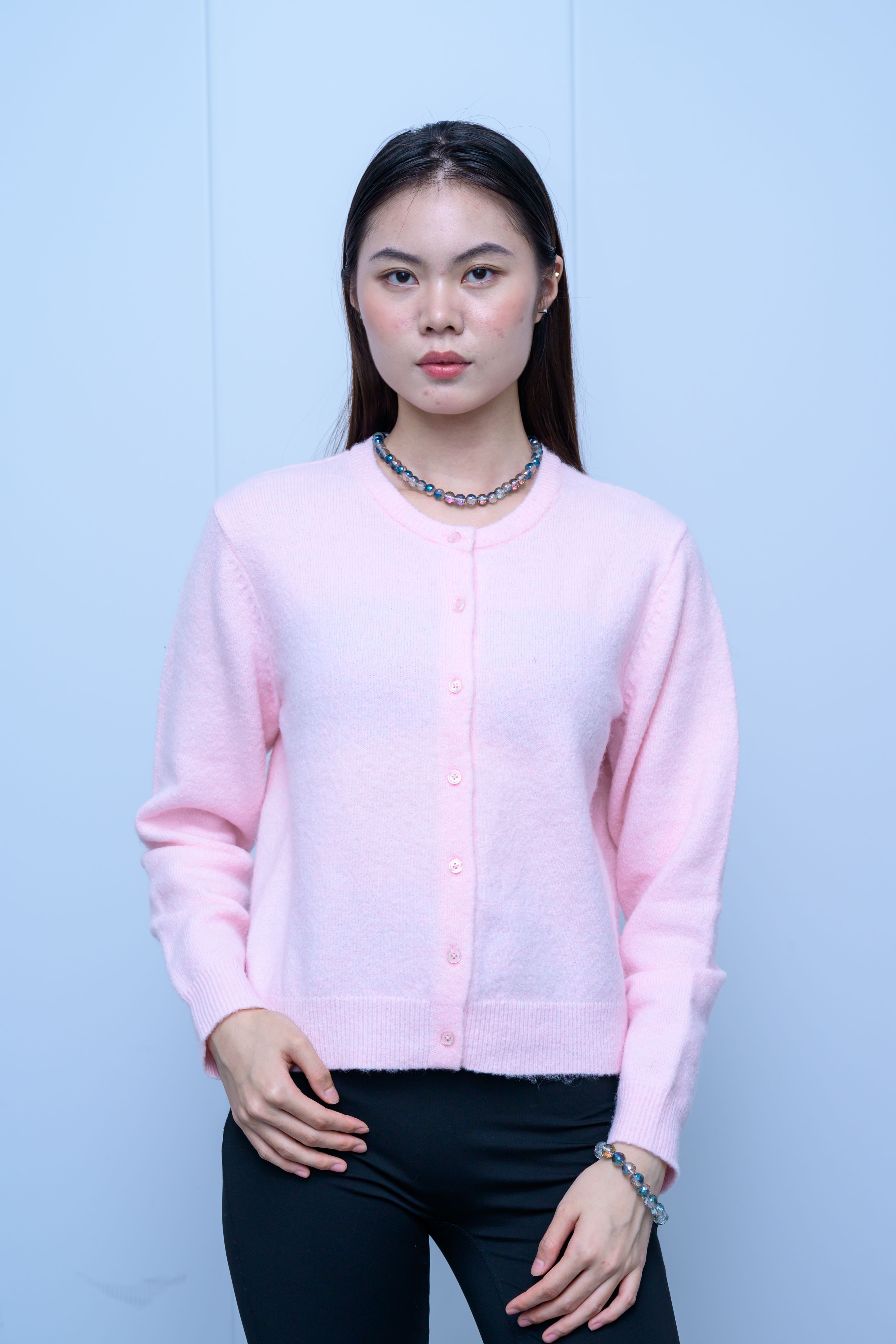 s046Soft Pink Crew Neck Cozy Knit Cardigan