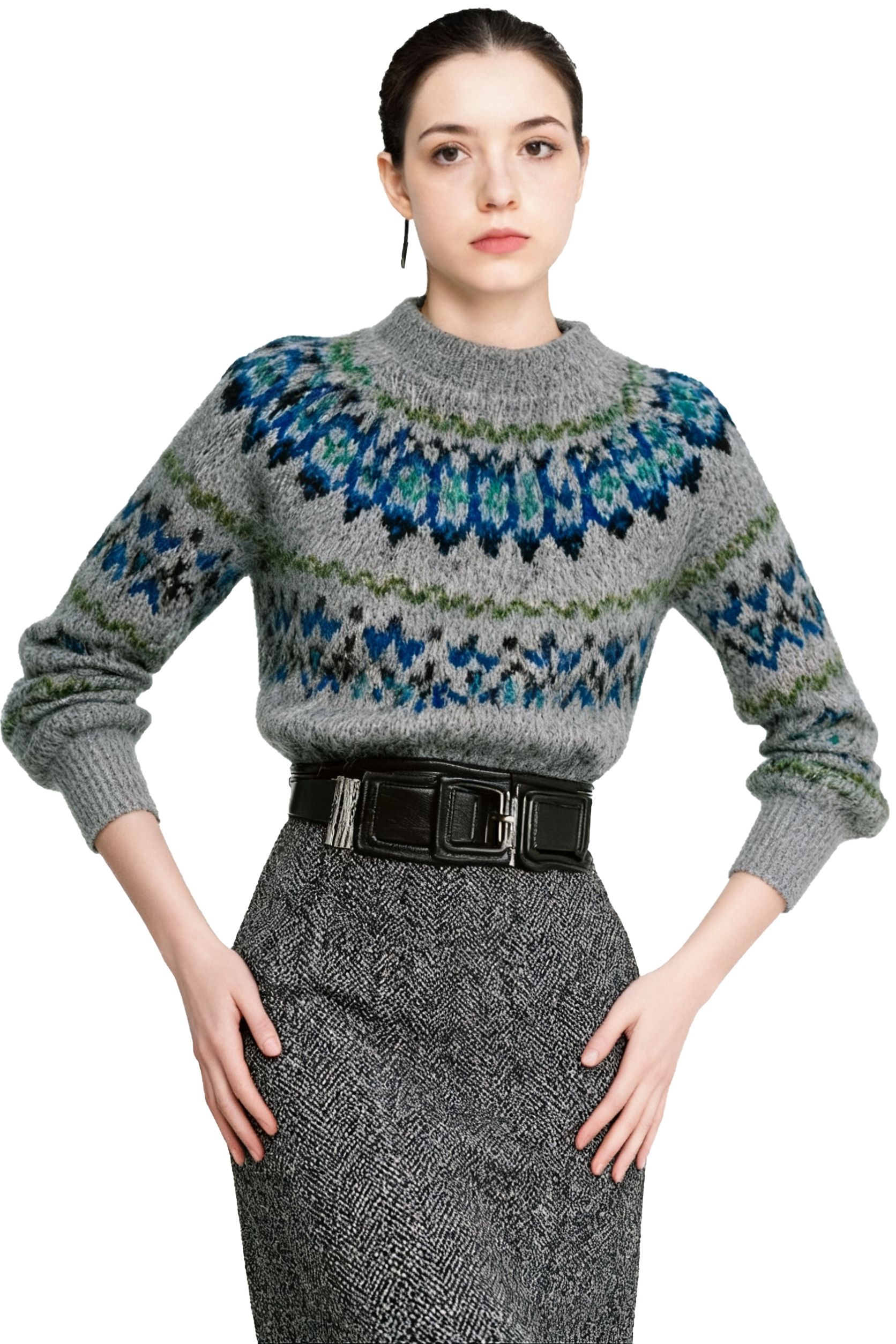 s057Misty Gray Floral Jacquard Mohair Blend Mock Neck Sweater