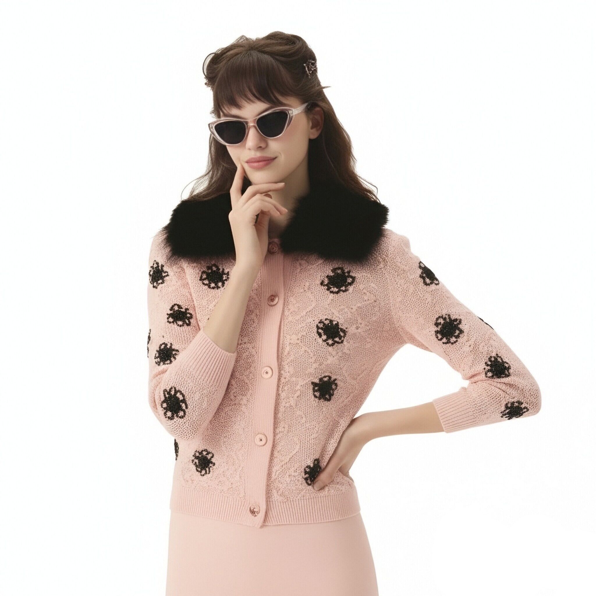 s099Sakura Pink 3D Floral Jacquard Furry Collar Knit Cardigan