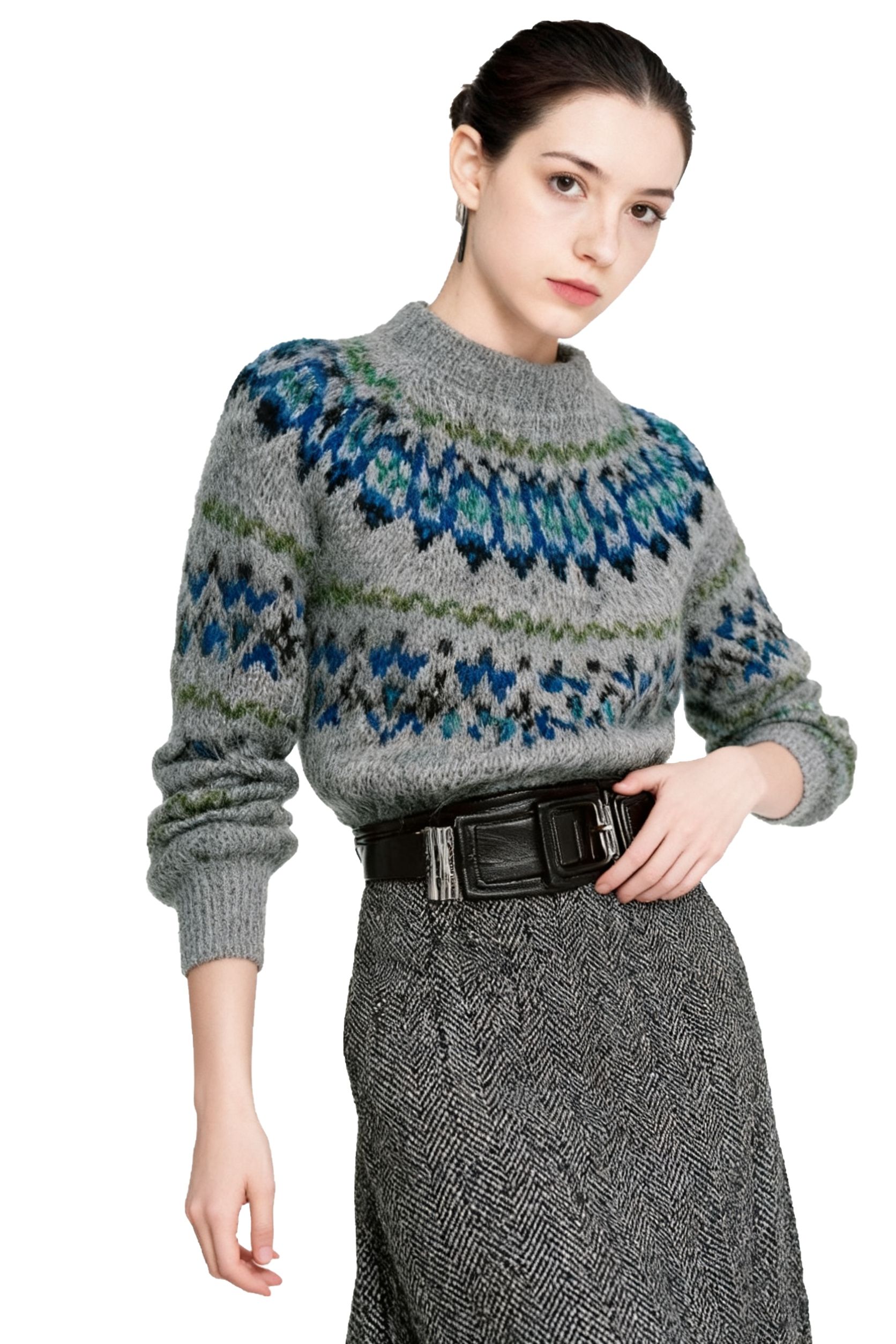 s057Misty Gray Floral Jacquard Mohair Blend Mock Neck Sweater
