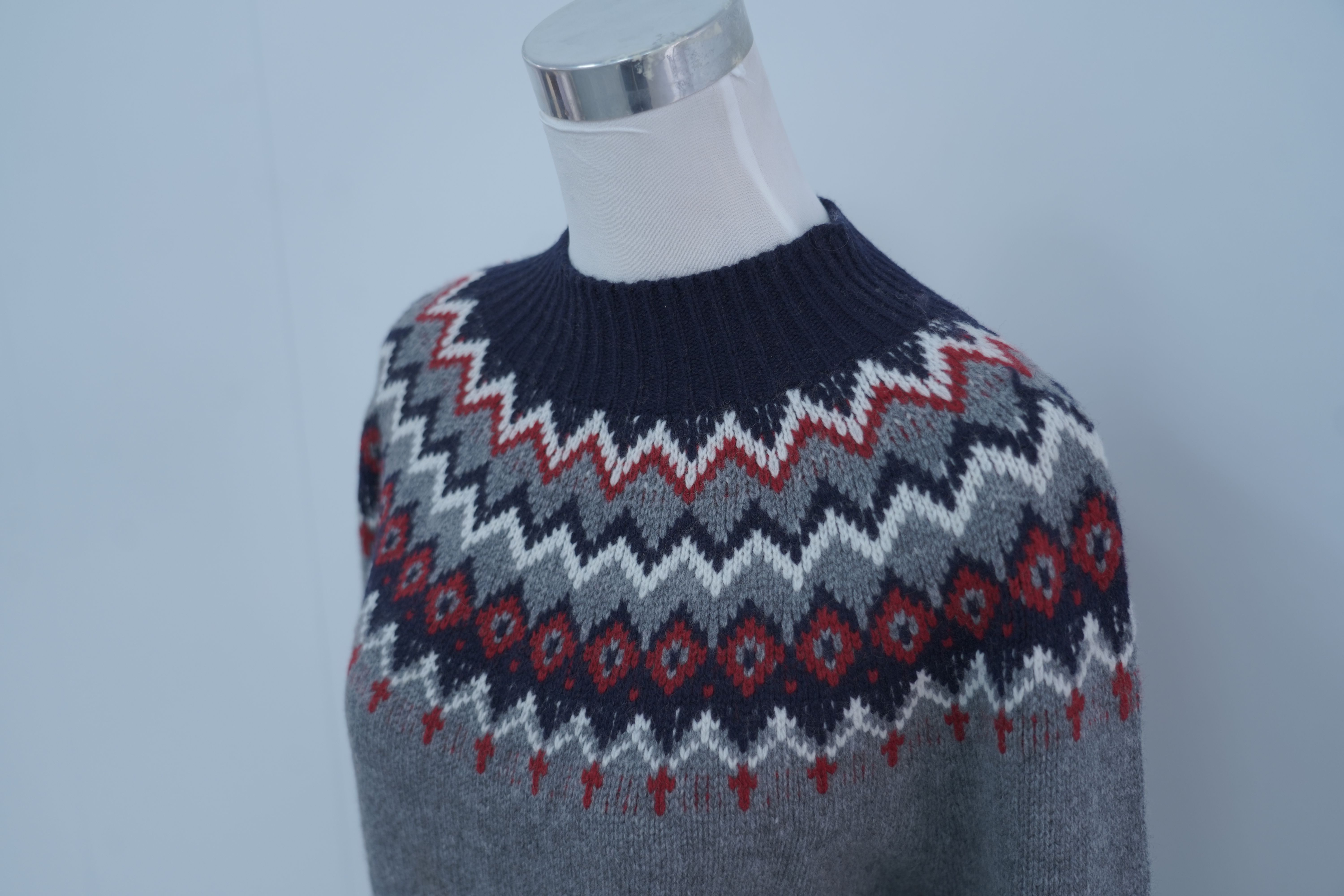 s019Grey Fair Isle Jacquard Mock Neck Knit Sweater