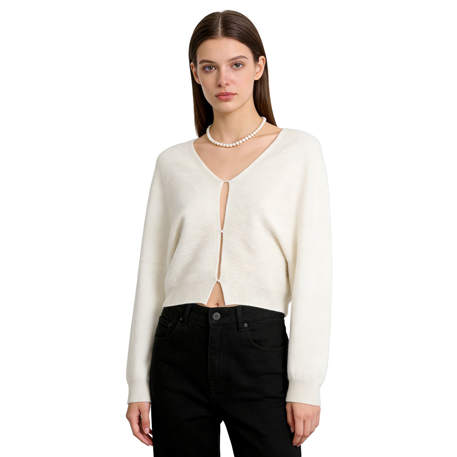 Cream White V-Neck Textured Knitted Cardigan