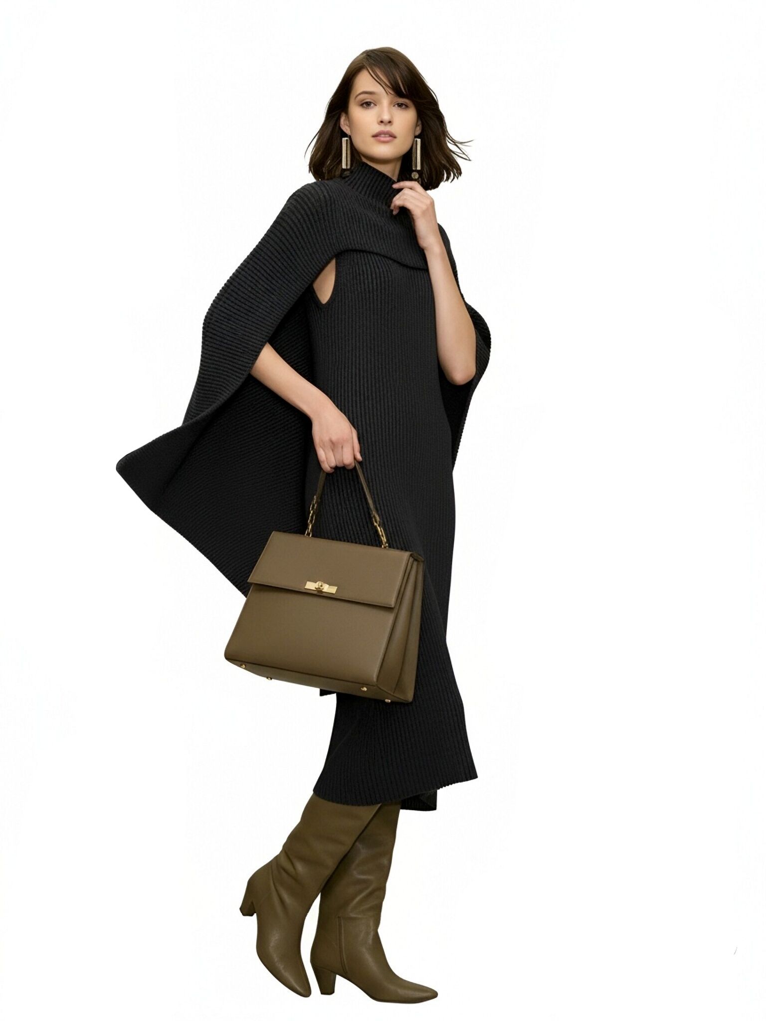 s081Black Ribbed Cape Knit Dress
