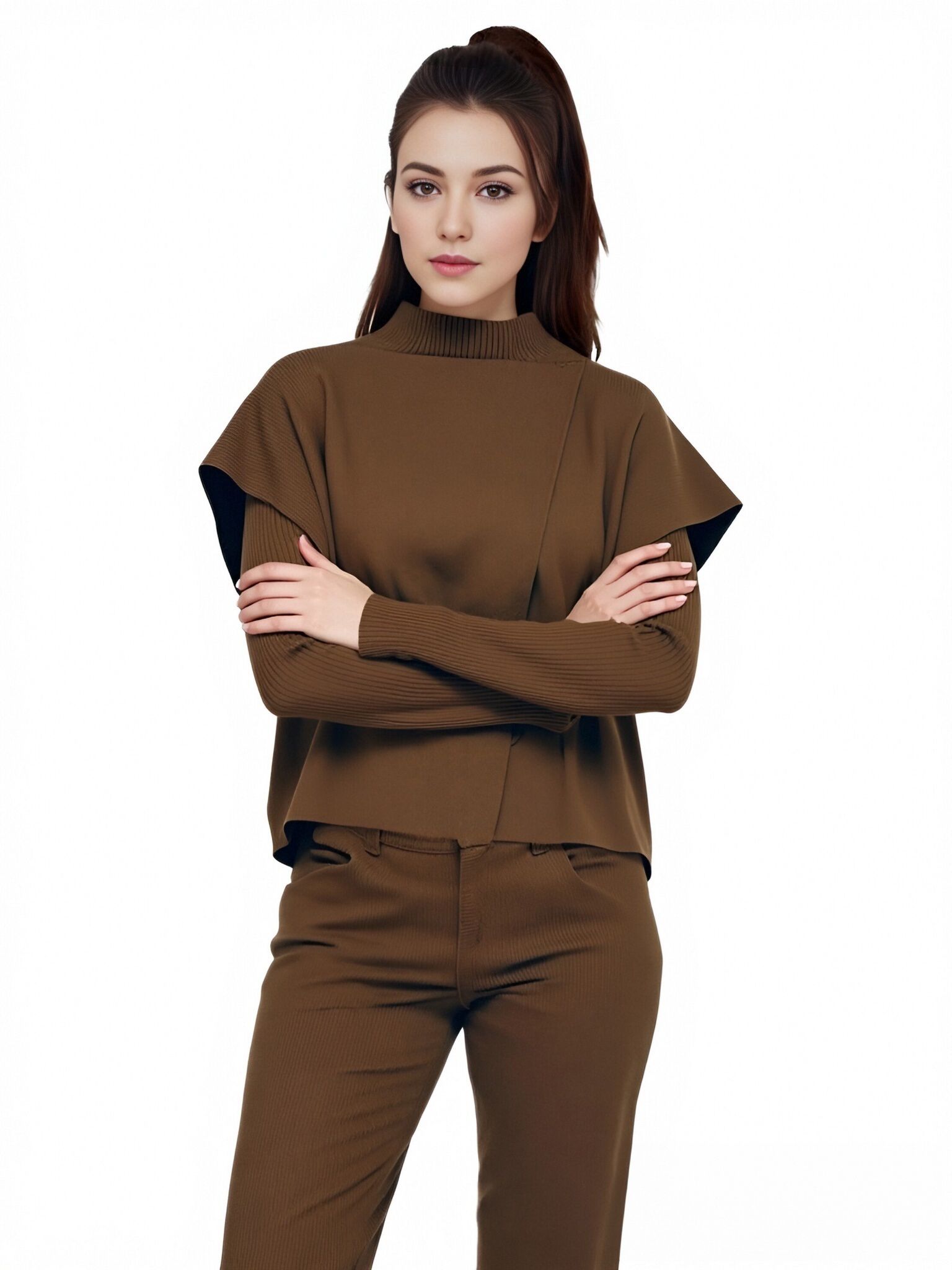 s104Coffee Brown Layered Mock Neck Knit Set