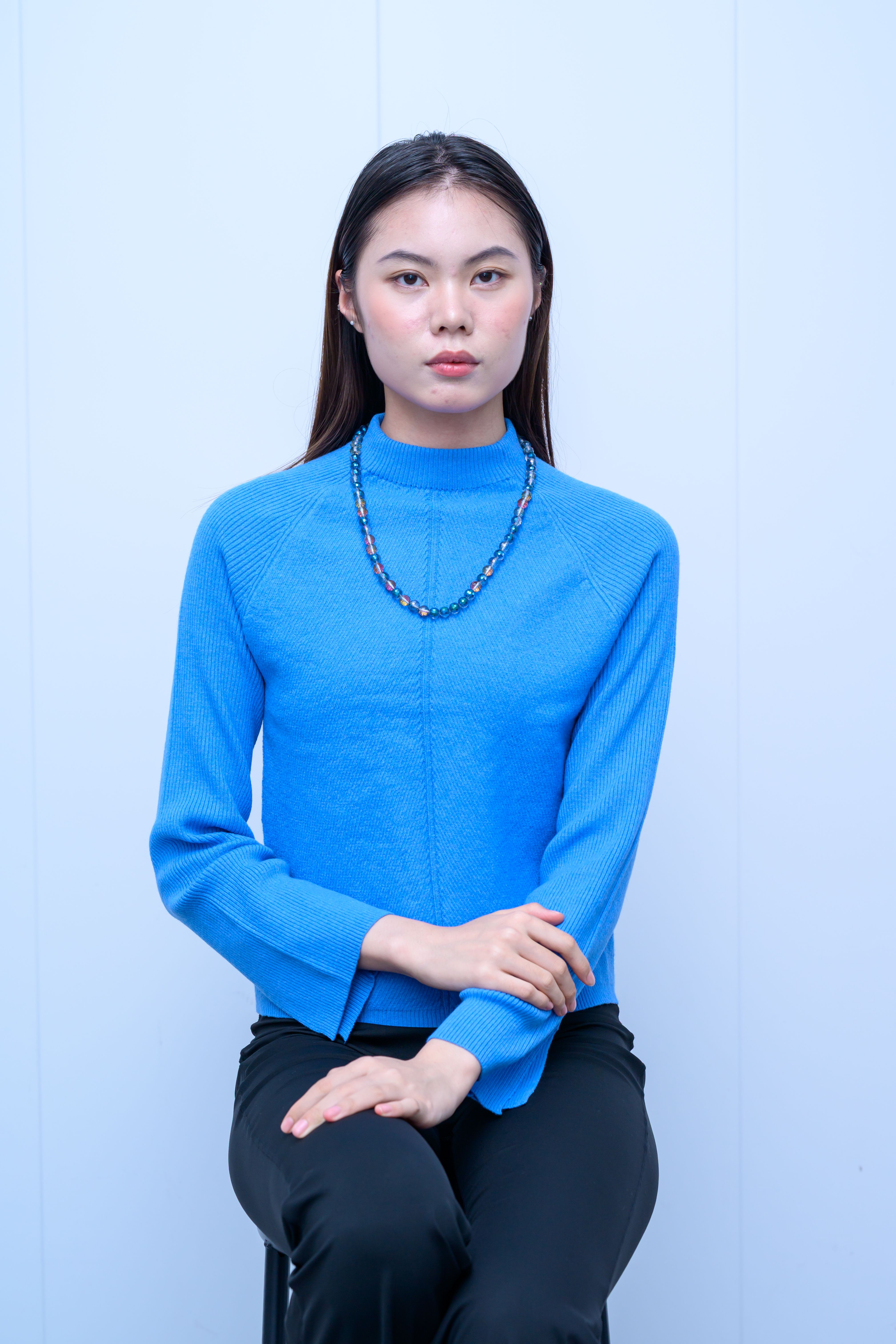 s045Klein Blue Vertical Rib Mock Neck Knit Top