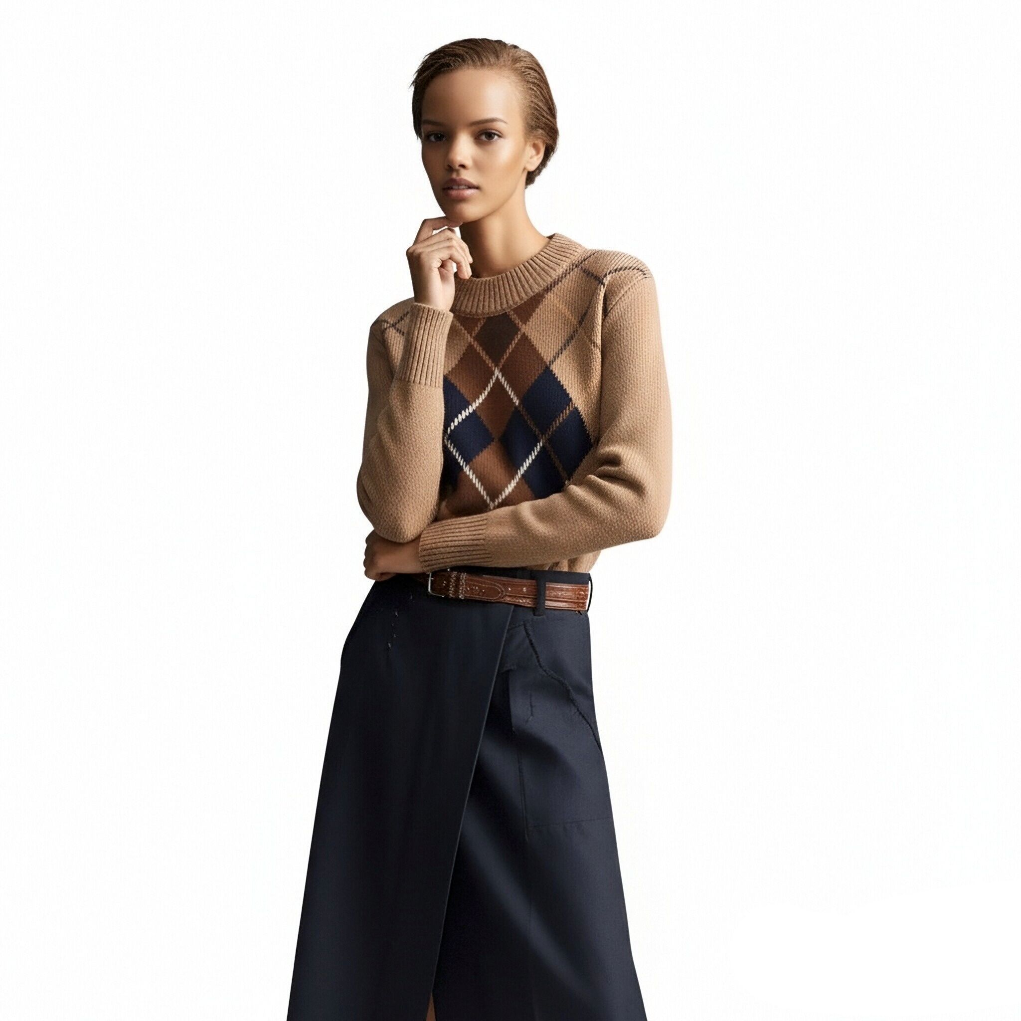 s095Camel Argyle Vintage Knit Sweater