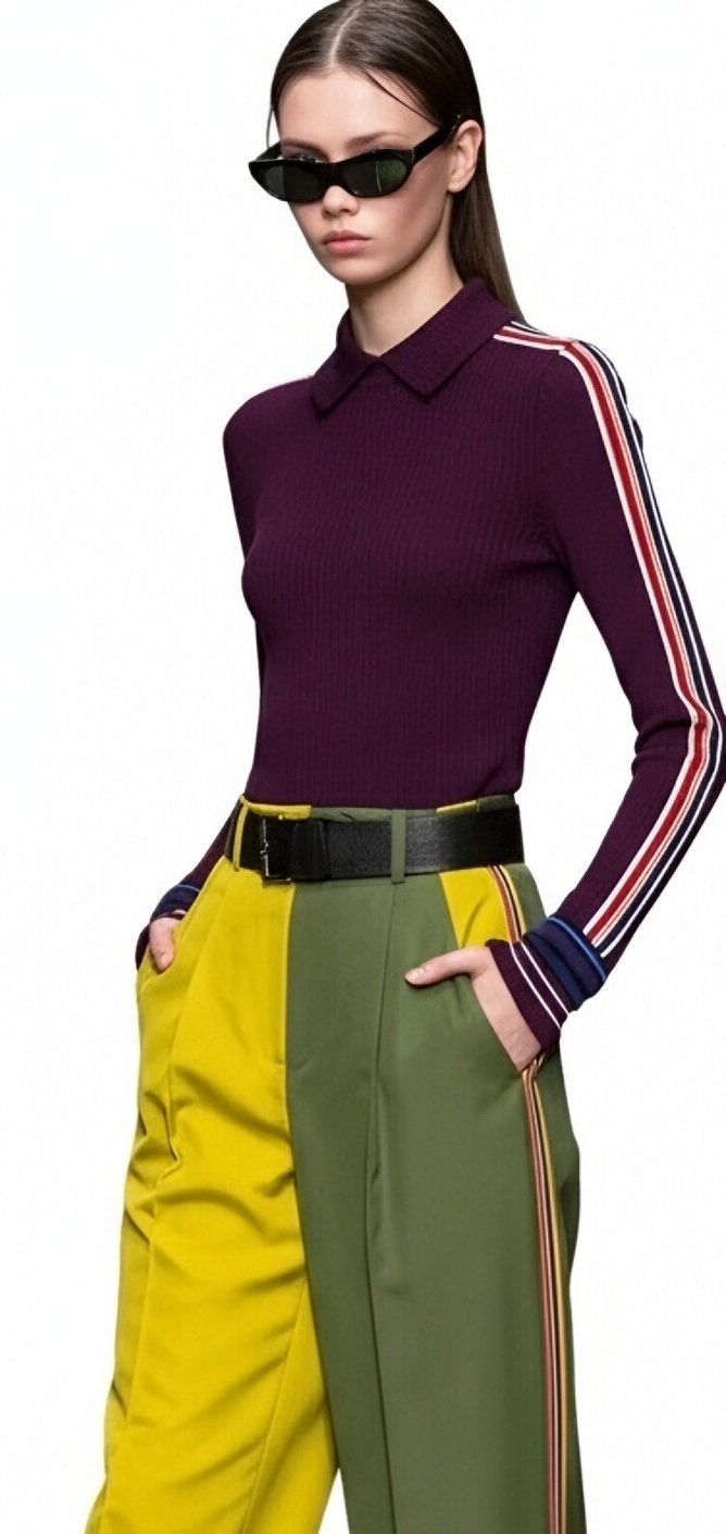 s092Deep Purple Contrast Tape Polo Collar Knit Top