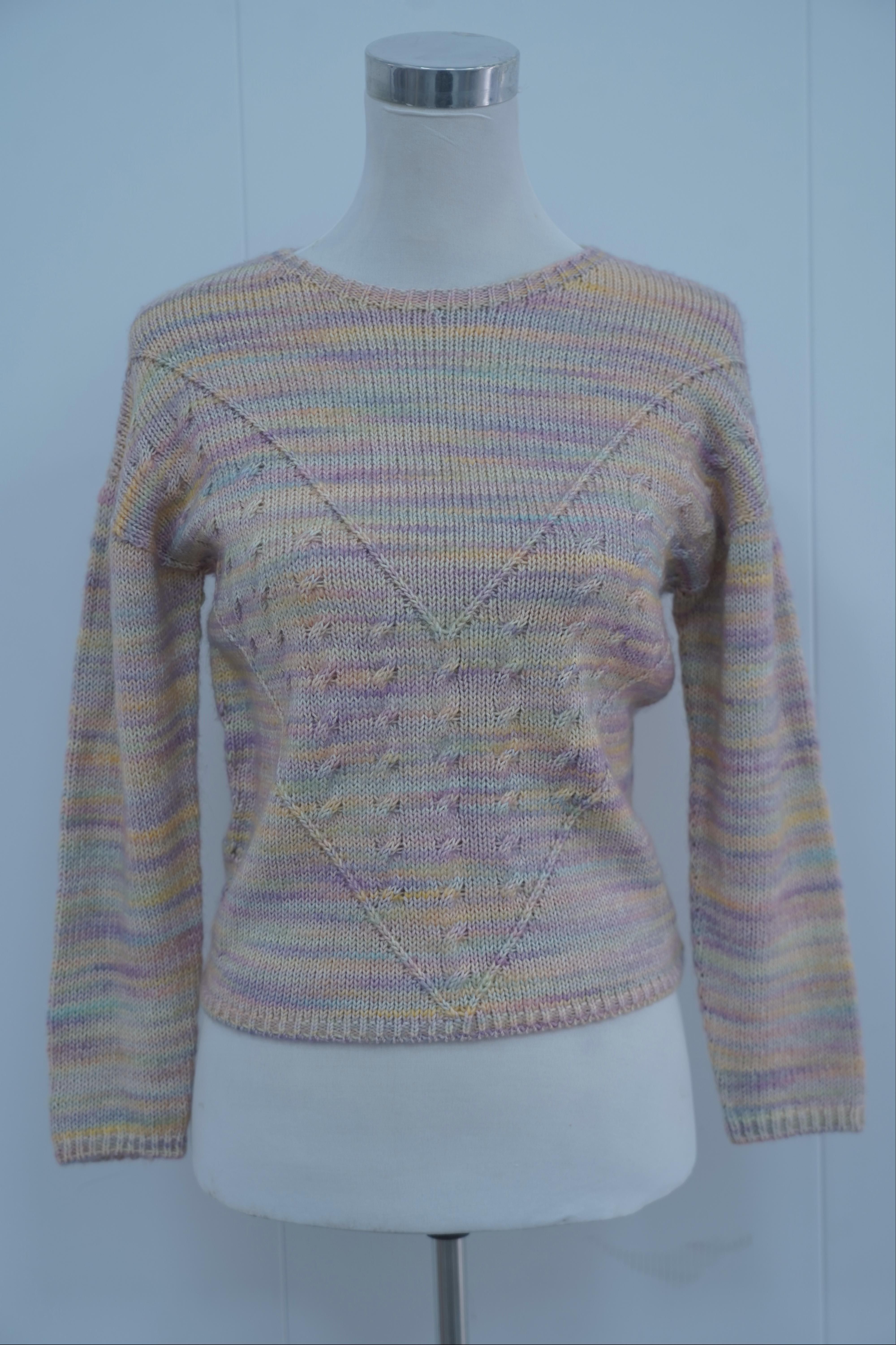 s015Rainbow Gradient Openwork Knit Crew Neck Sweater
