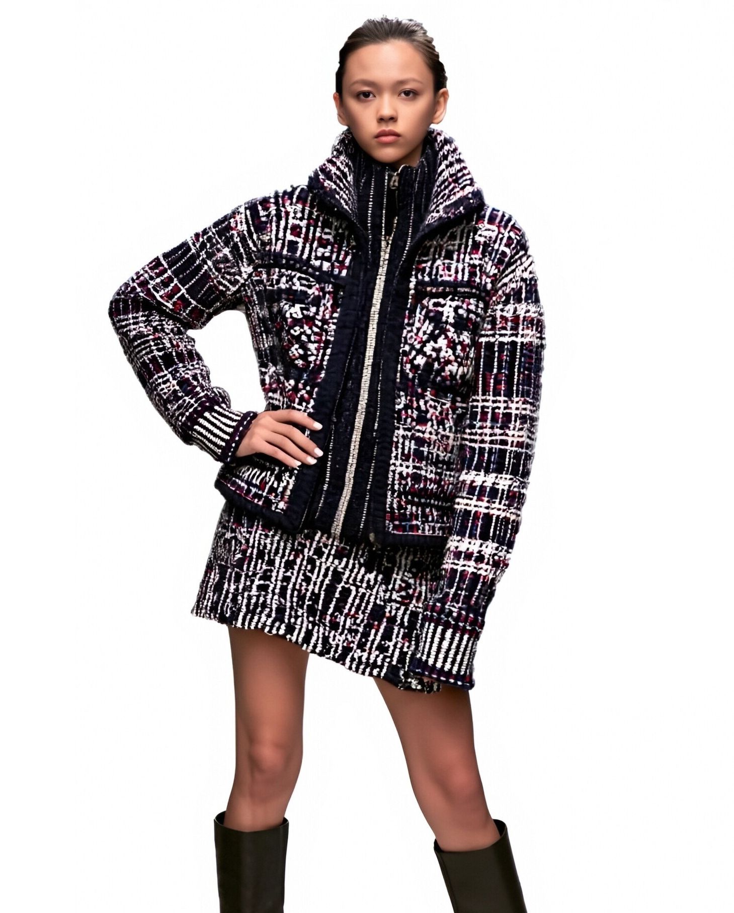 s063Navy Blue Multi-Color Speckled Tweed High-Neck Co-ord Set