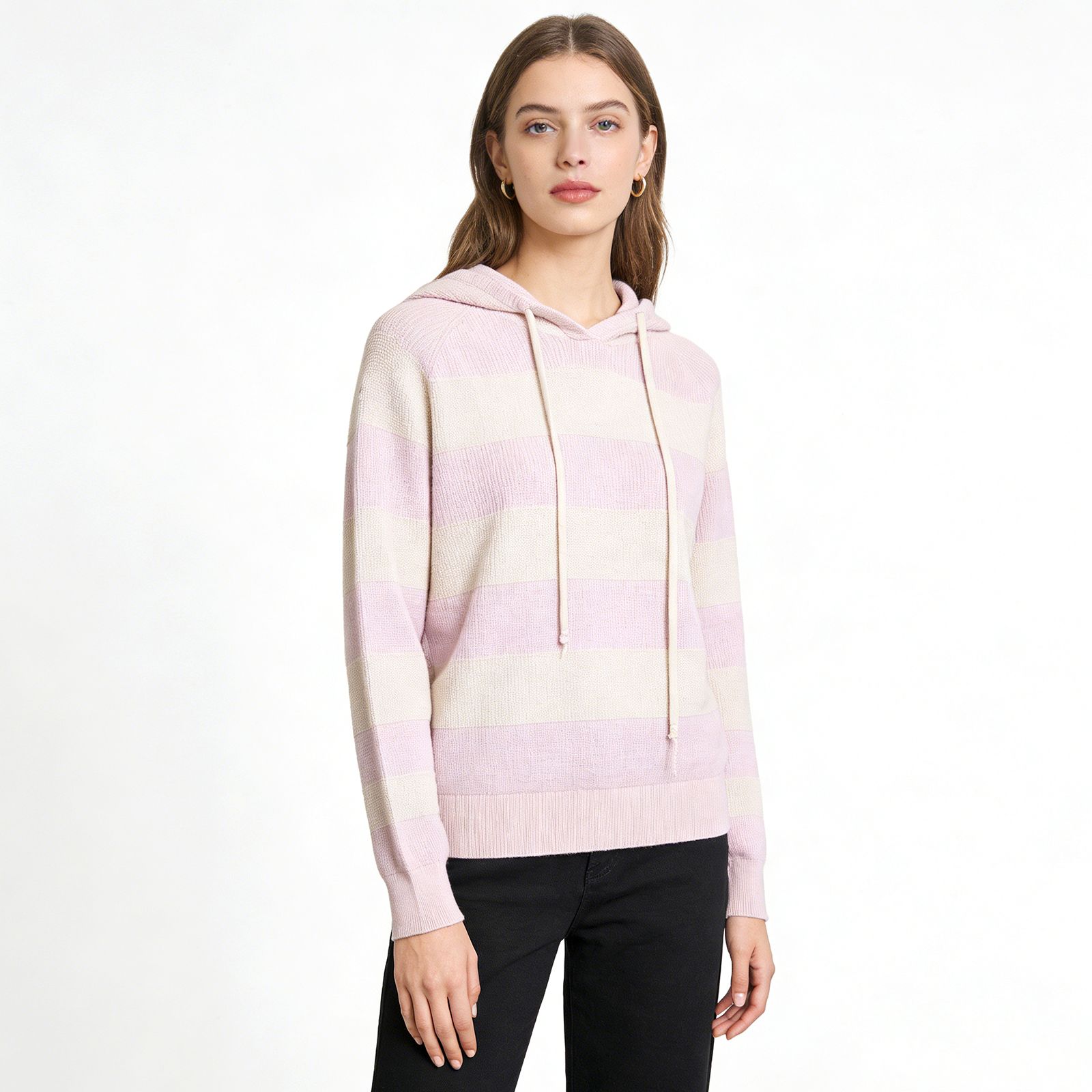 Pink & Apricot Striped Hooded Knit Sweatshirt