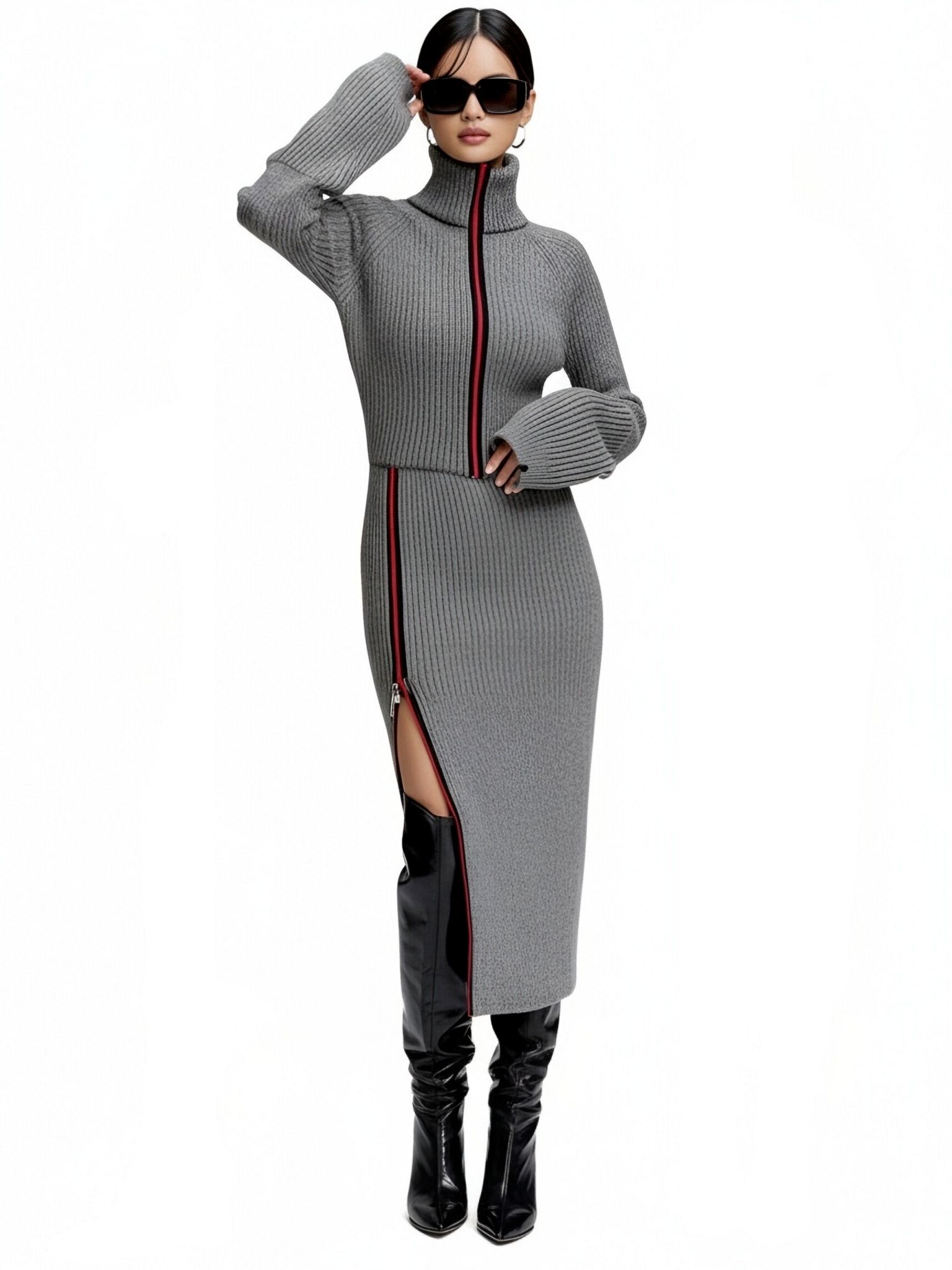 s079Grey Contrast Zip-Up Turtleneck Knit Set