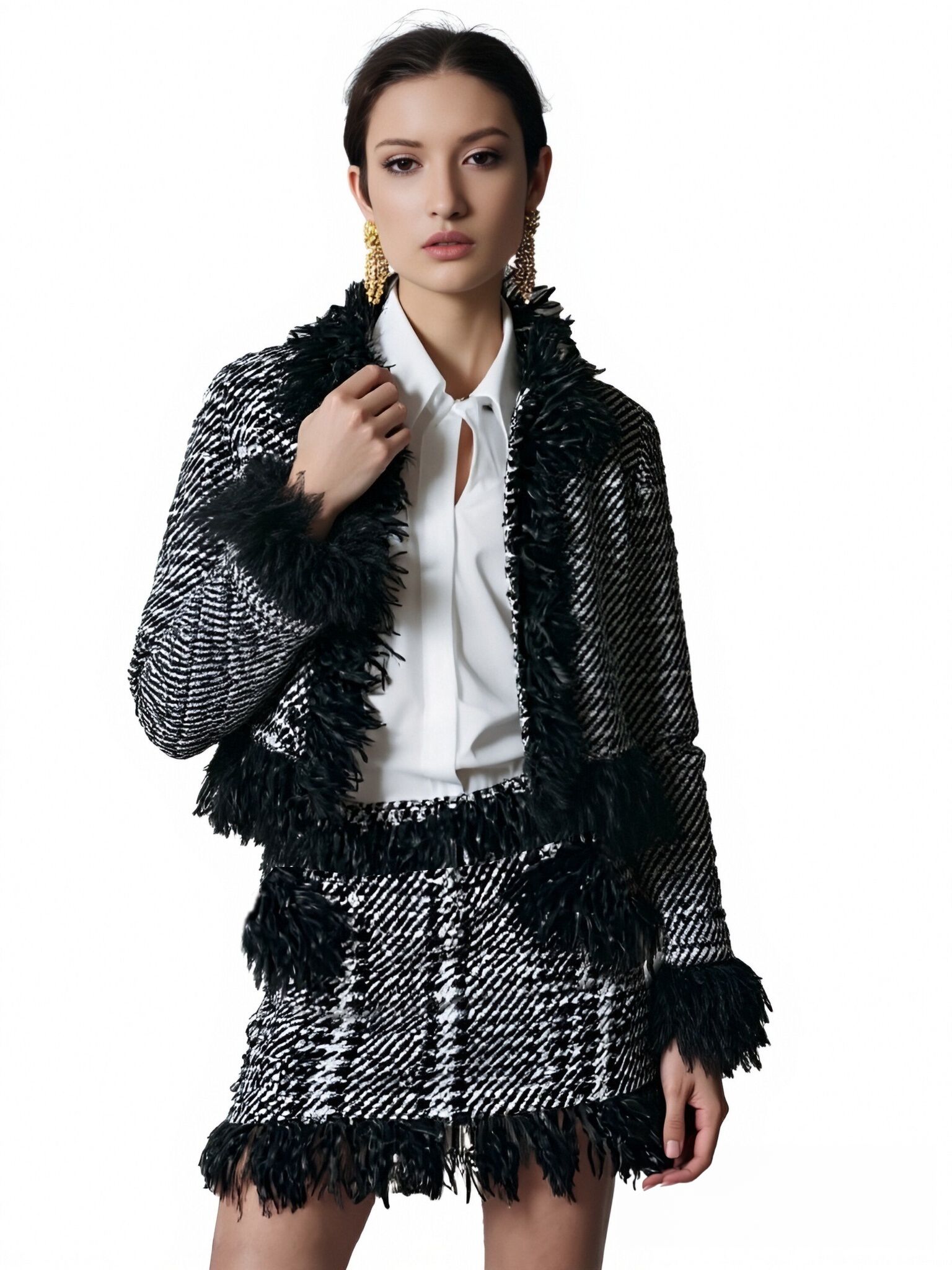 s060Black & White Tweed Fringe Trimmed Chanel-Style Co-ord Set