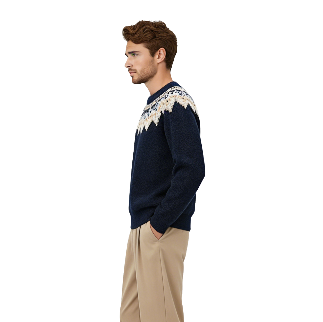 m017Navy Winter Fair Isle Jacquard Crewneck Sweater