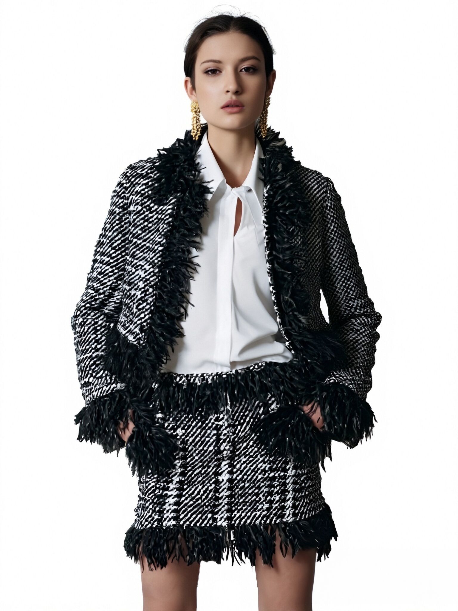s060Black & White Tweed Fringe Trimmed Chanel-Style Co-ord Set