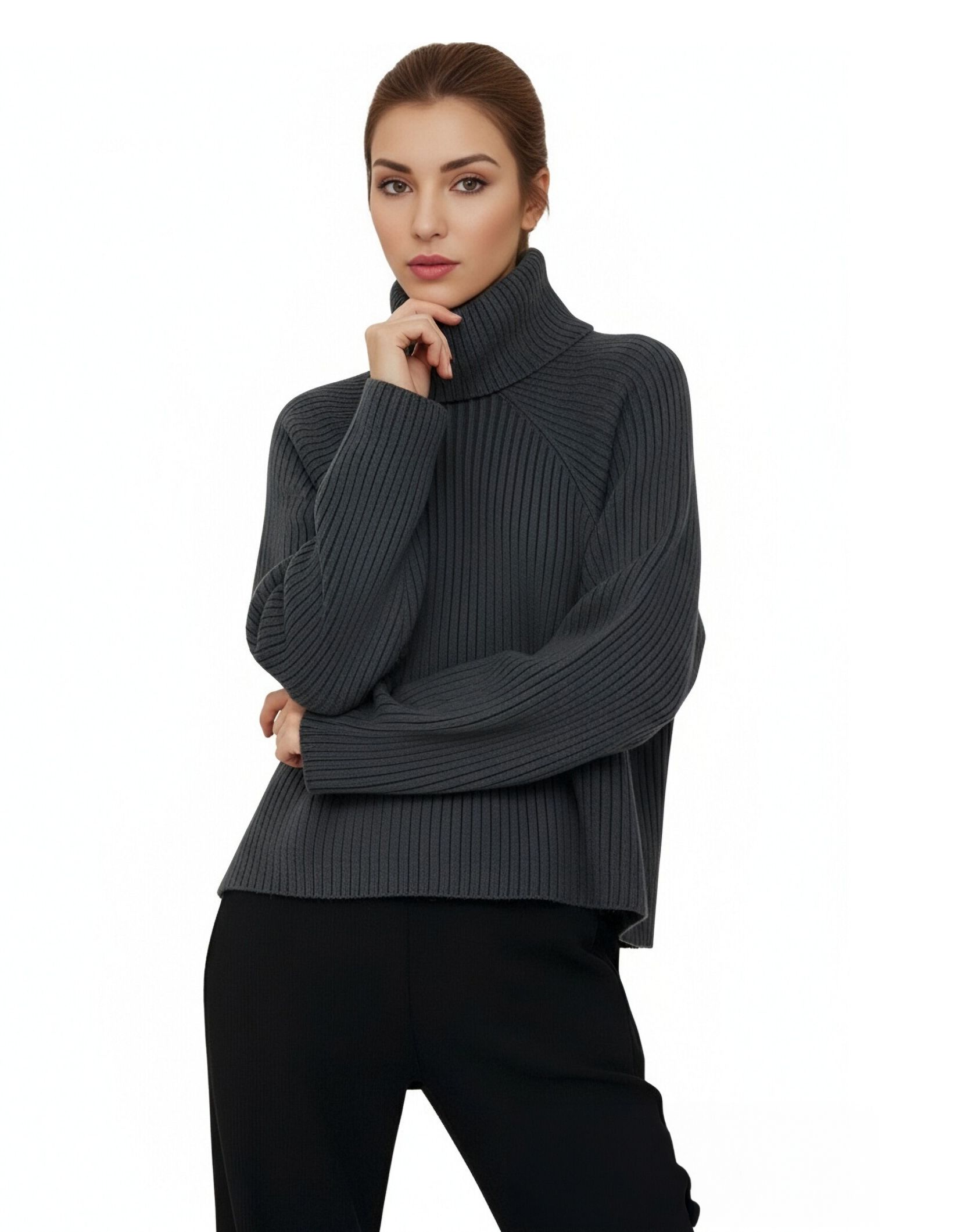 s105Charcoal Ribbed Turtleneck Knit Sweater