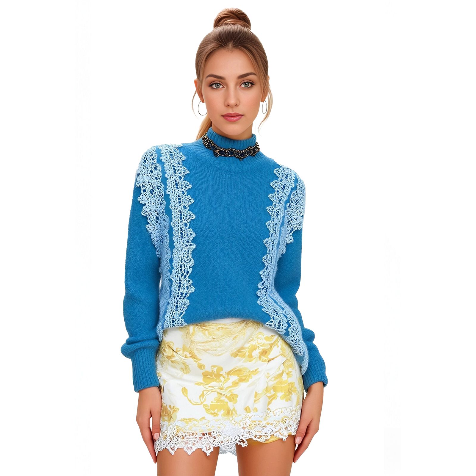 Klein Blue Diagonal Lace Panel Mock Neck Knit Sweater